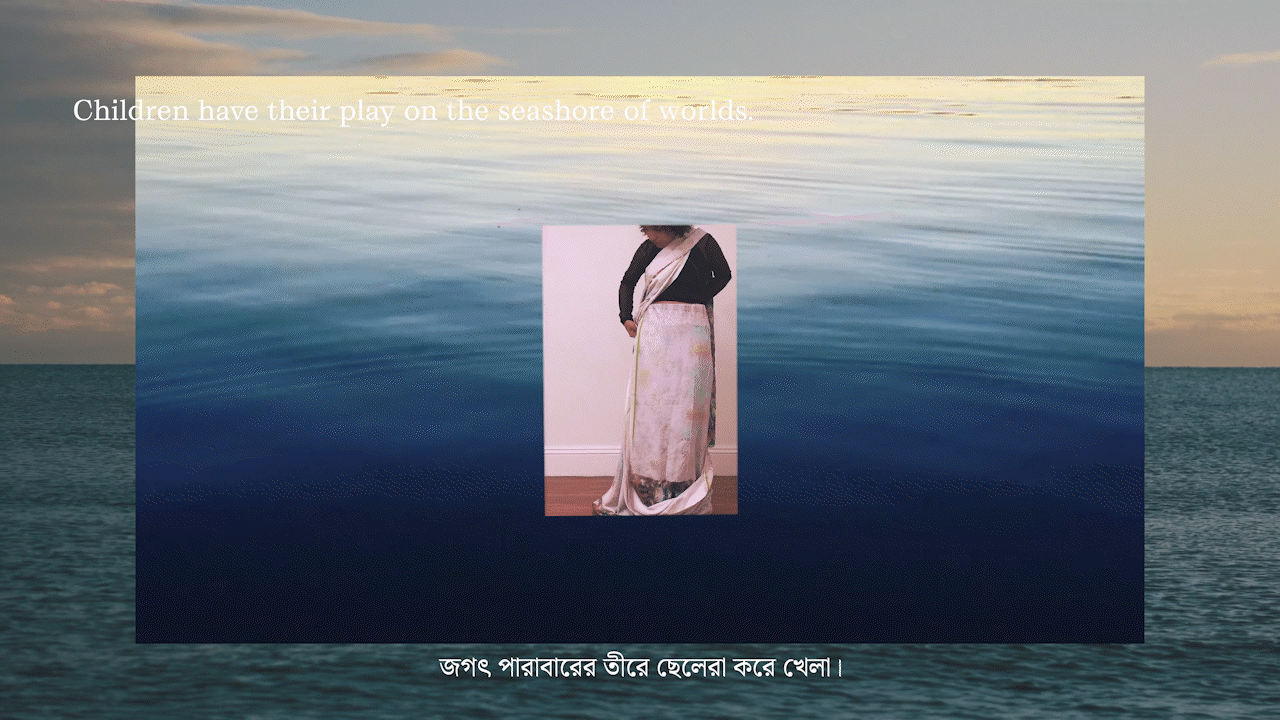 Experimental video of Sadia putting on sari over collaged water footage