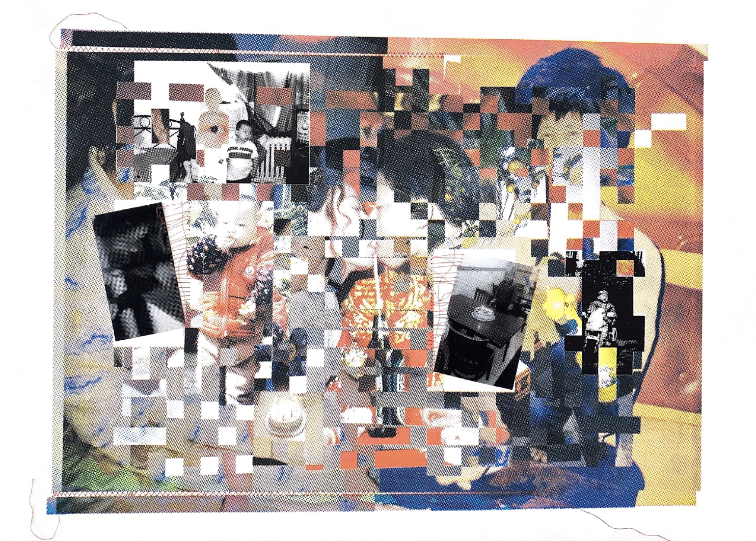 A collage of fragmented and halftoned images made into animated artwork. Pieces of family photographs, colorful patterns, and objects like a Heineken beer, are interwoven, and red thread is handsown to attach acetate film photos.