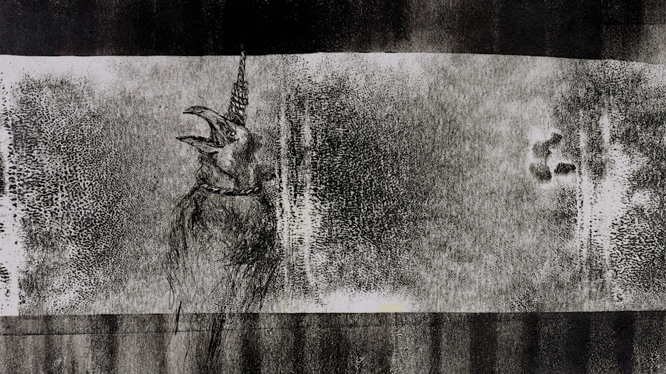 a monotype with pen drawings on paper gif. A crow suspended in a claustrophobic space as a metaphor of human suspension.