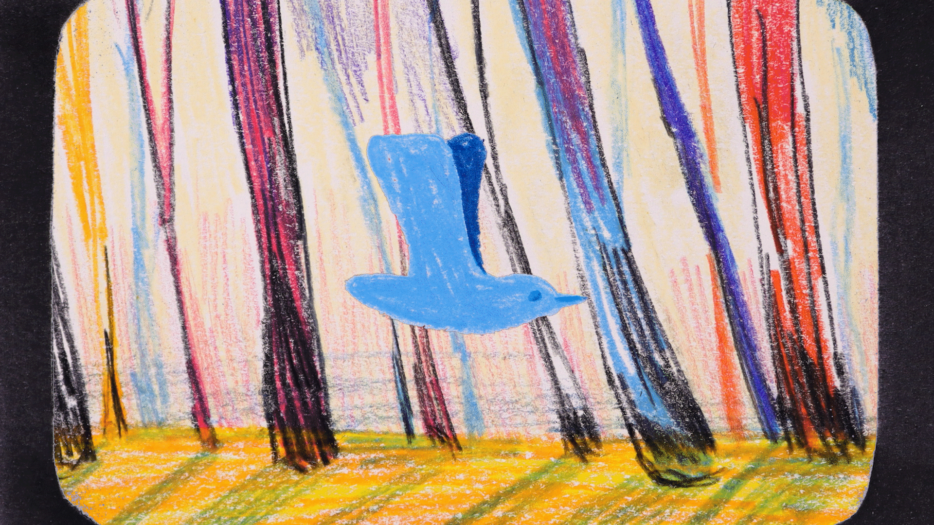 A blue bird flying by a colorful forest as seen from a train window.