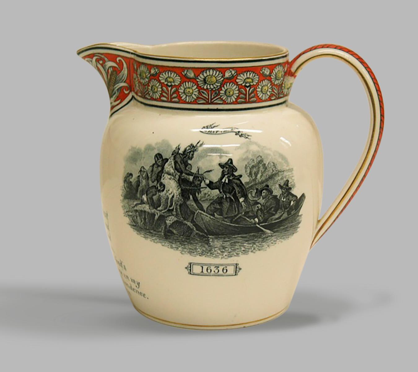 transferware jug depicting Roger Williams in a boat encountering Narragansett people