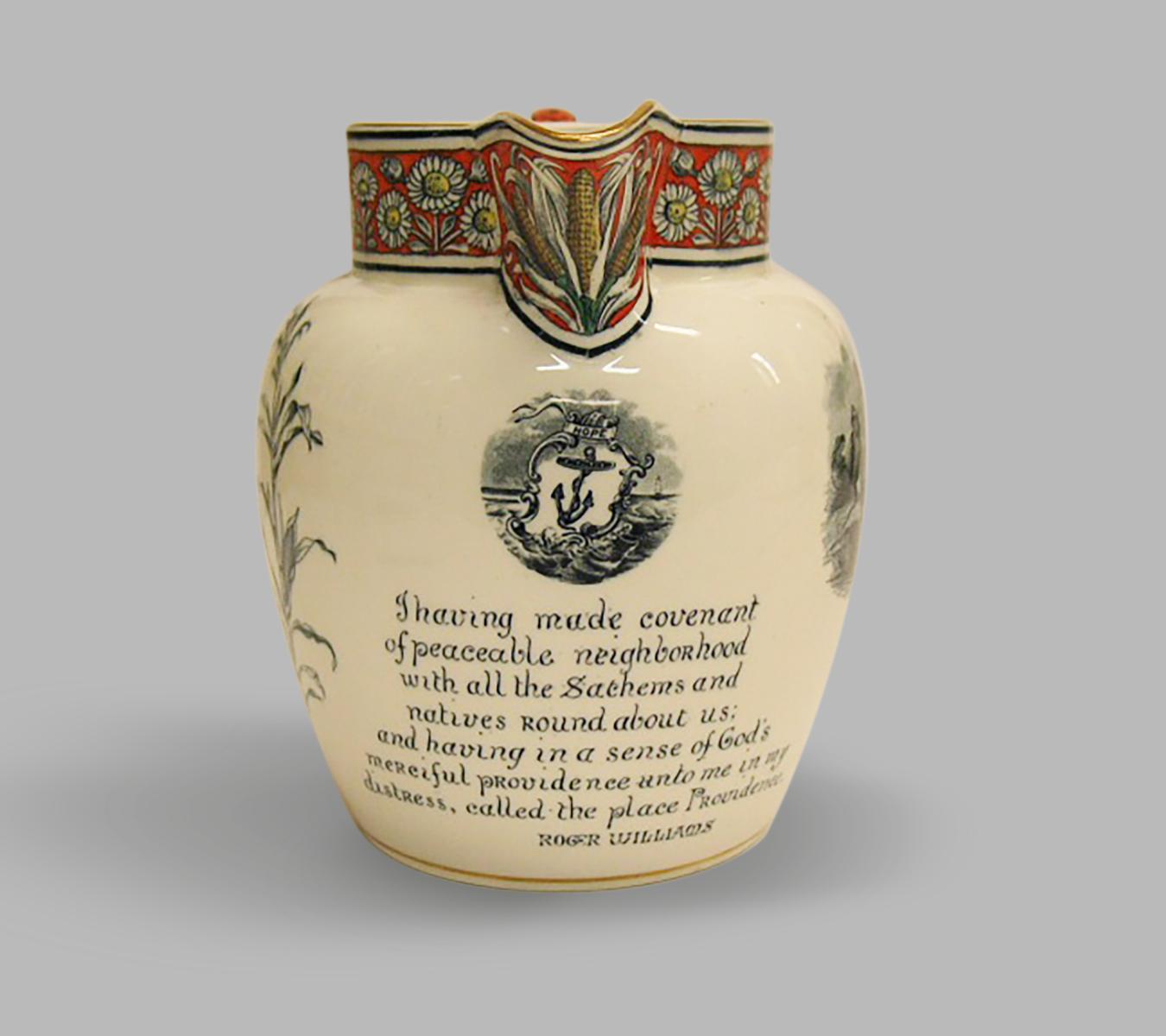 transferware jug with text describing Roger Williams encountering the Narragansett people