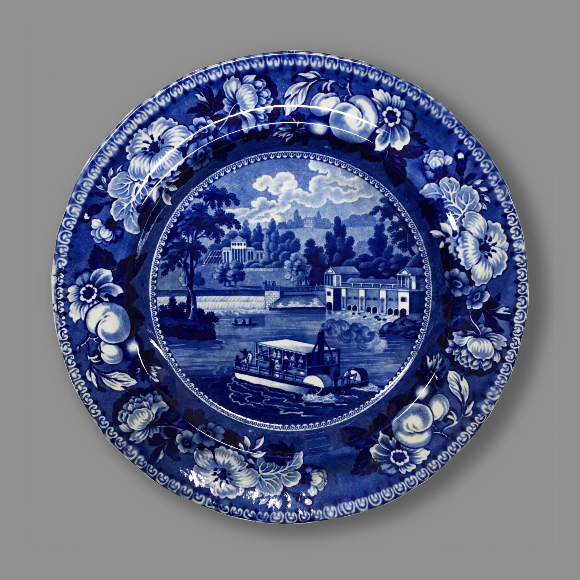 blue and white transferware plate depicting a scene showing the Philadelphia water works