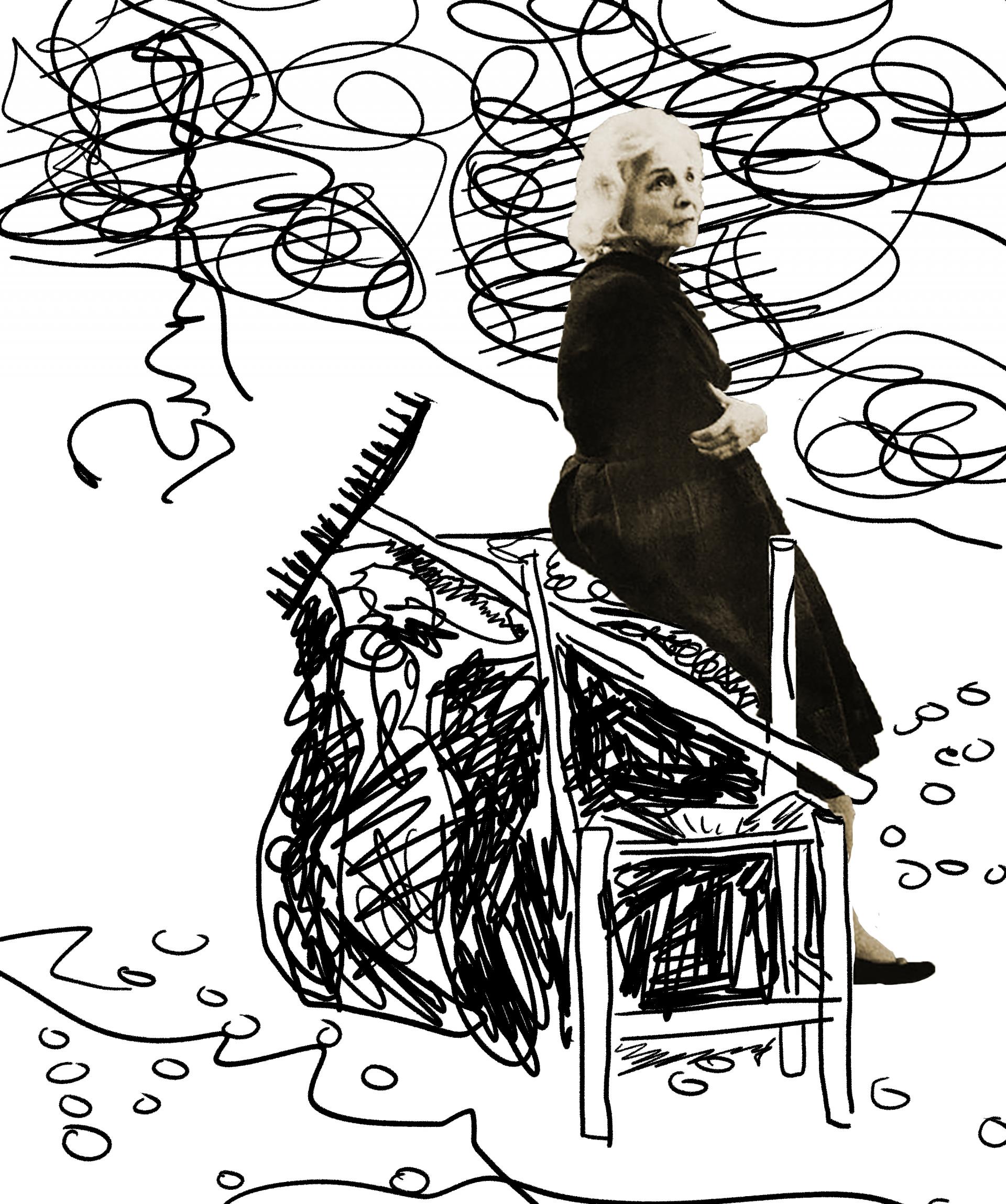 Delia del Carril sits on a large rock with a rake and a broken chair, the background is hand drawn