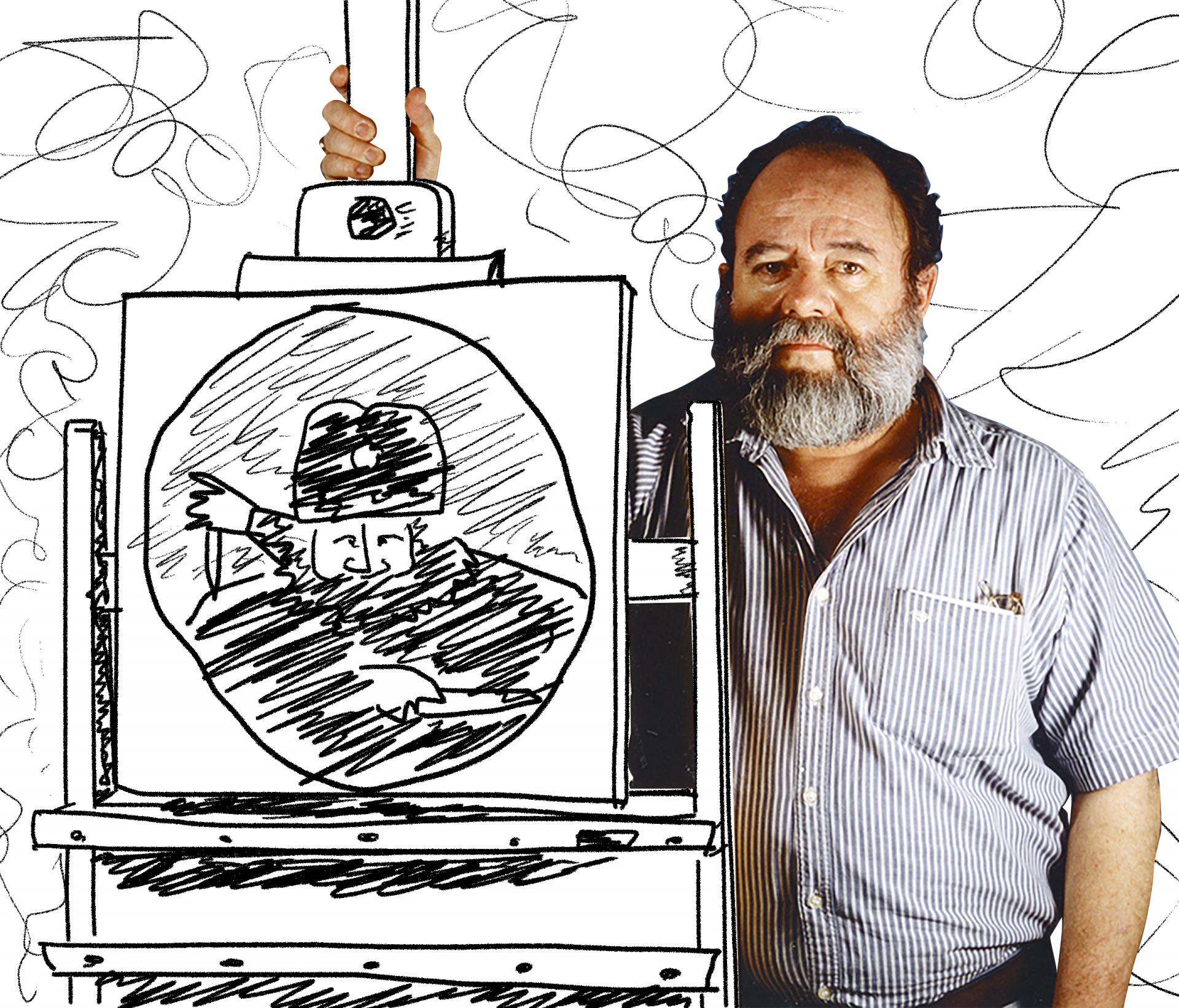 Alfredo Castañeda stands next to an easel with his painting on it