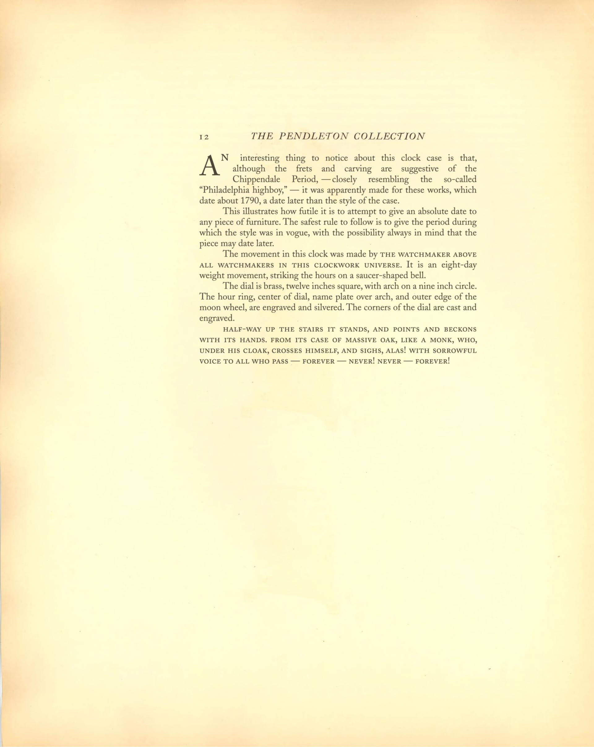 Pendleton Collection page: Text page, describing a grandfather clock