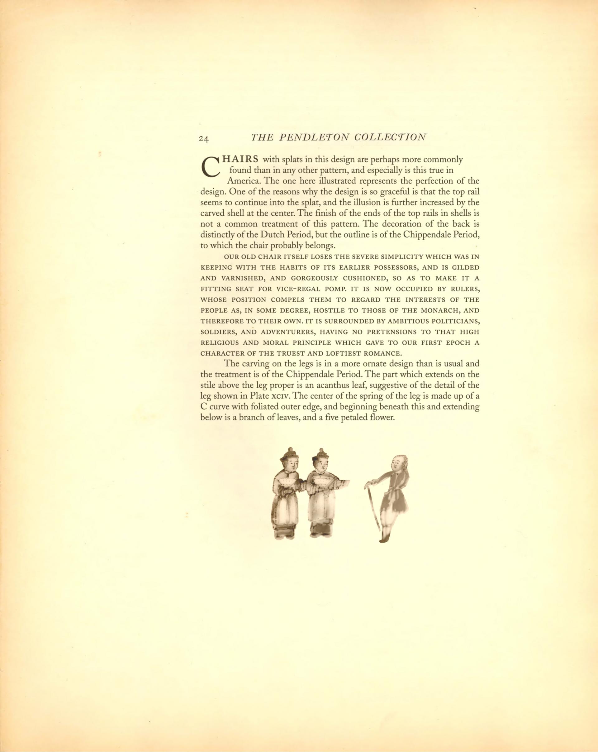 Pendleton Collection Catalog Page: text describing Chippendale chair, with an illustration of two eighteenth century Chinese figures with fans interacting with a figure in Western attire with a cane