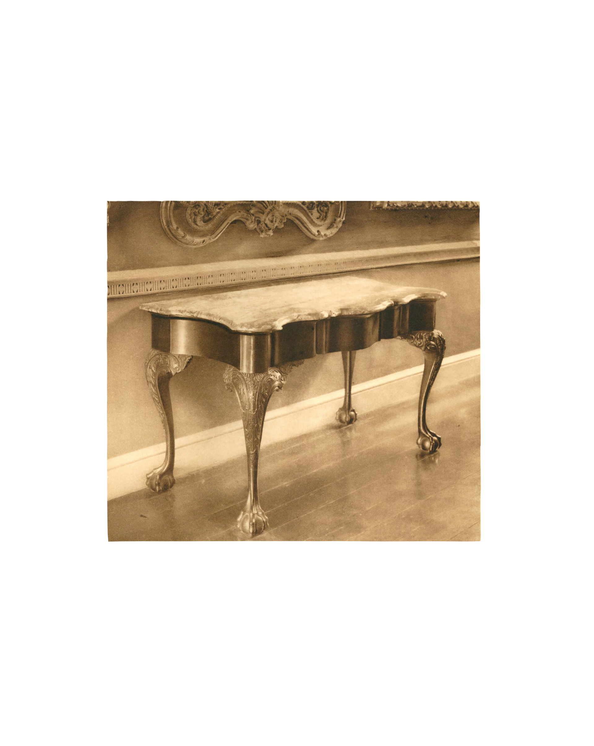Pendleton Collection Catalog Page: photogravure of a Chippendale pier table, with marble top and ball and claw feet