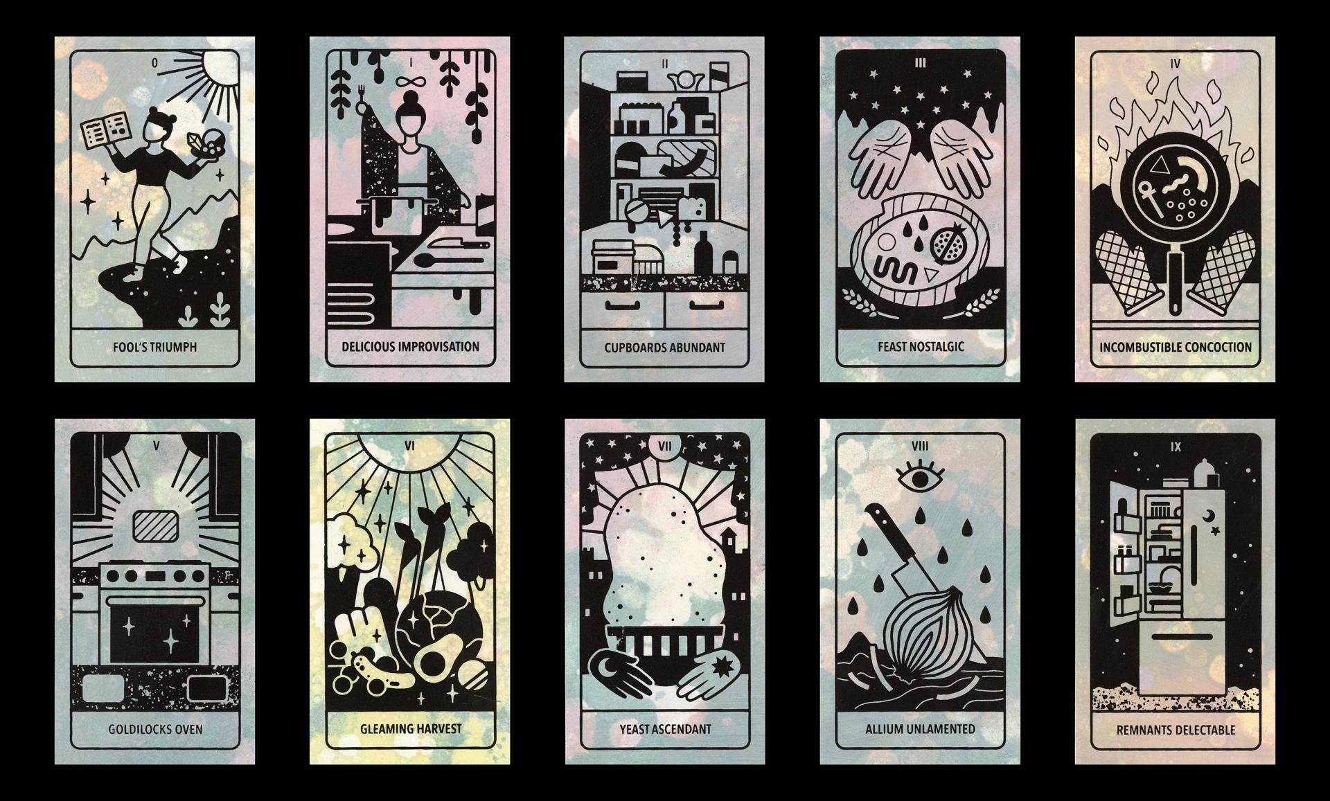 Designs for a deck of cards used to bring you good luck in the kitchen. Keep the talisman of your choice on the fridge to aid in your cooking.