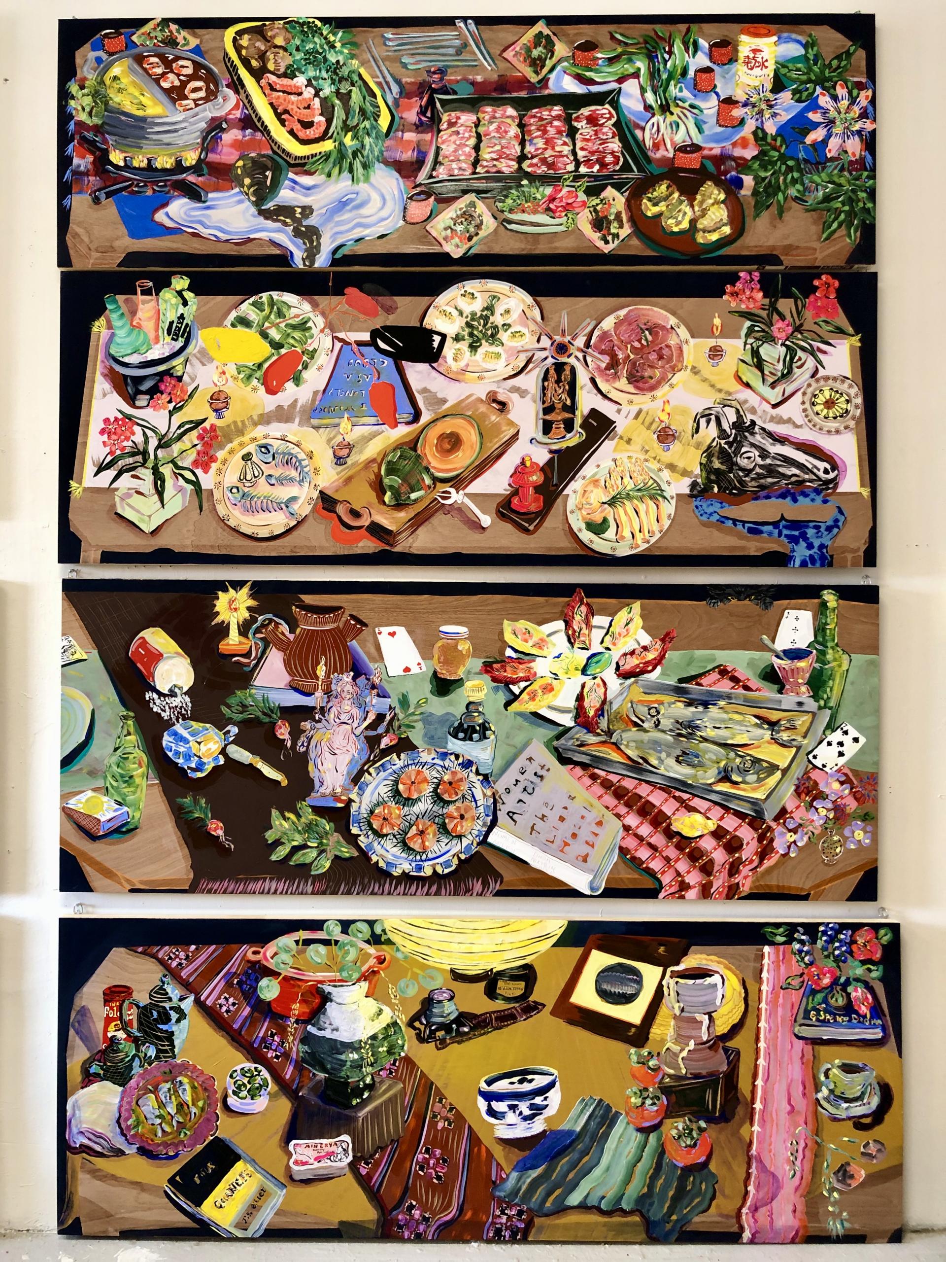Studio shot, four paintings from the series: Slice of Life, Theater of the Dinner Table