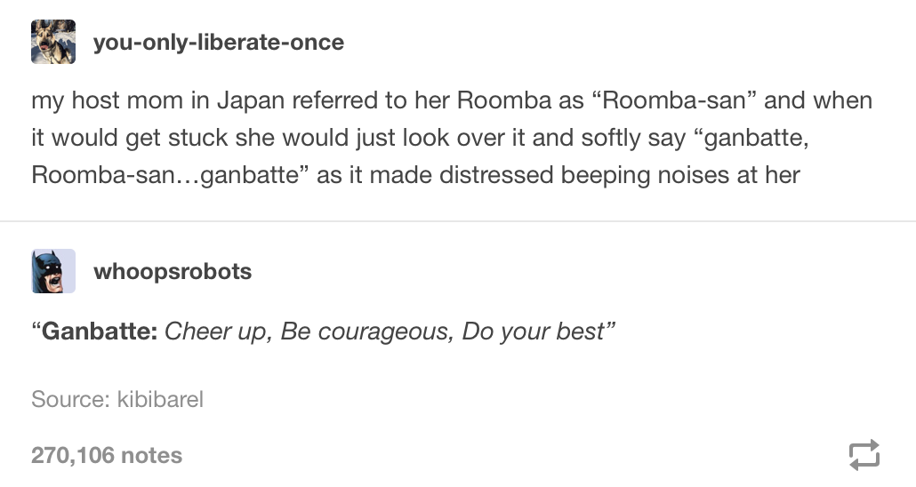 Screenshot from Tumblr: "you-only-liberate-once: my host mom in Japan referred to her Roomba as 'Roomba-san' and when it would get stuck she would just look over it and softly say 'ganbatte, Roomba-san... ganbatte' as it made distressed beeping noises at her; whoops roots: 'ganbatte: Cheer up, Be courageous, Do your best'"