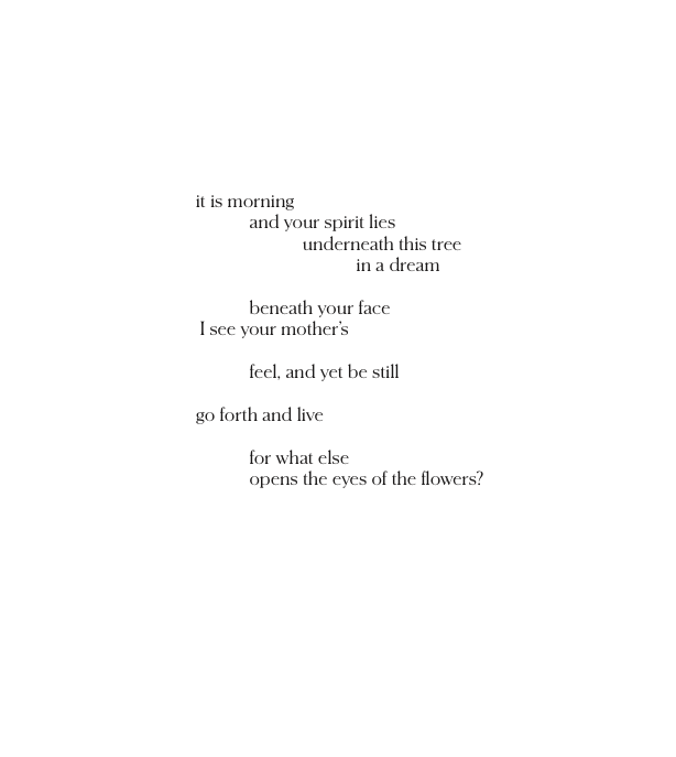 Erasure Poem reading: it is morning/and your spirit lies/underneath this tree/in a dream/beneath your face/i see your mother's/feel, and yet be still/go forth and live/for what else/opens the eyes of the flowers?