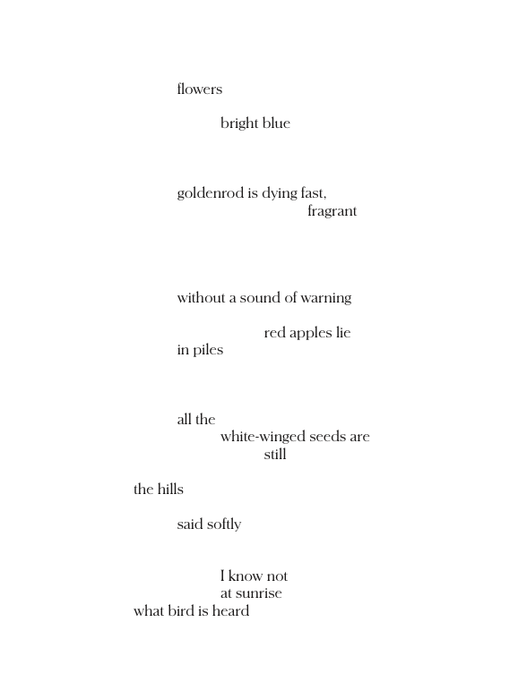 Erasure Poem reading: flowers/ bright blue / goldenrod is dying fast, /fragrant/without a sound of warning/red applies lie/in piles / all the / white winged seeds are / still / the hills / said softly / i know not/ at sunrise / what bird is heard