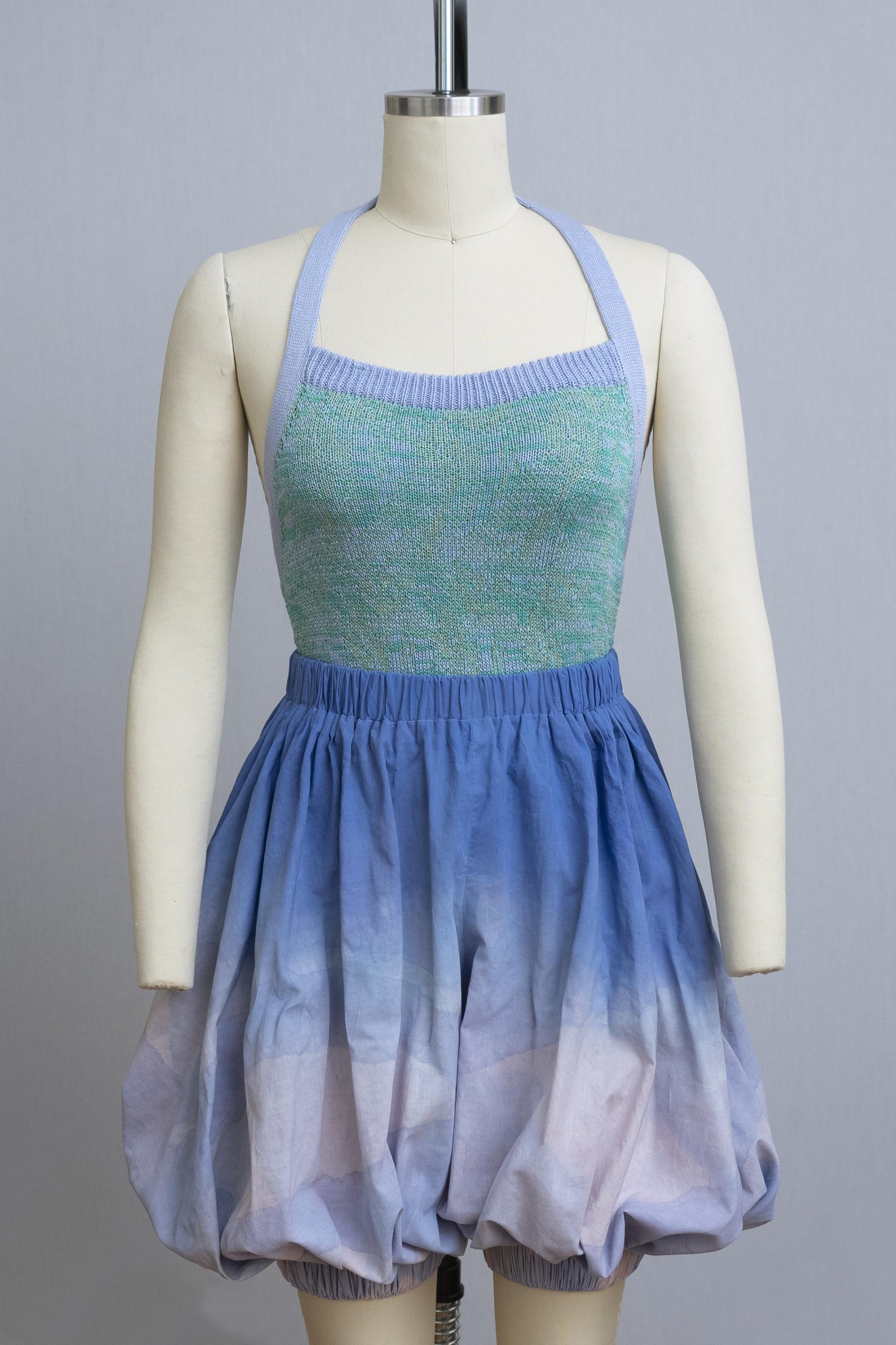 dress form wearing a knit playsuit and bloomers dyed in an ombre from blue to lavendar