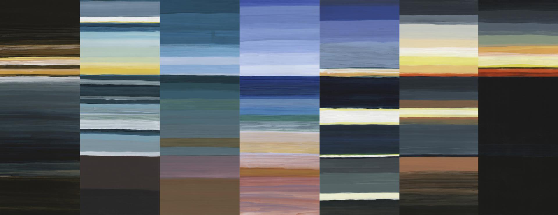 seven panels of horizontal stripes depicting the time of day from sunrise to sunset