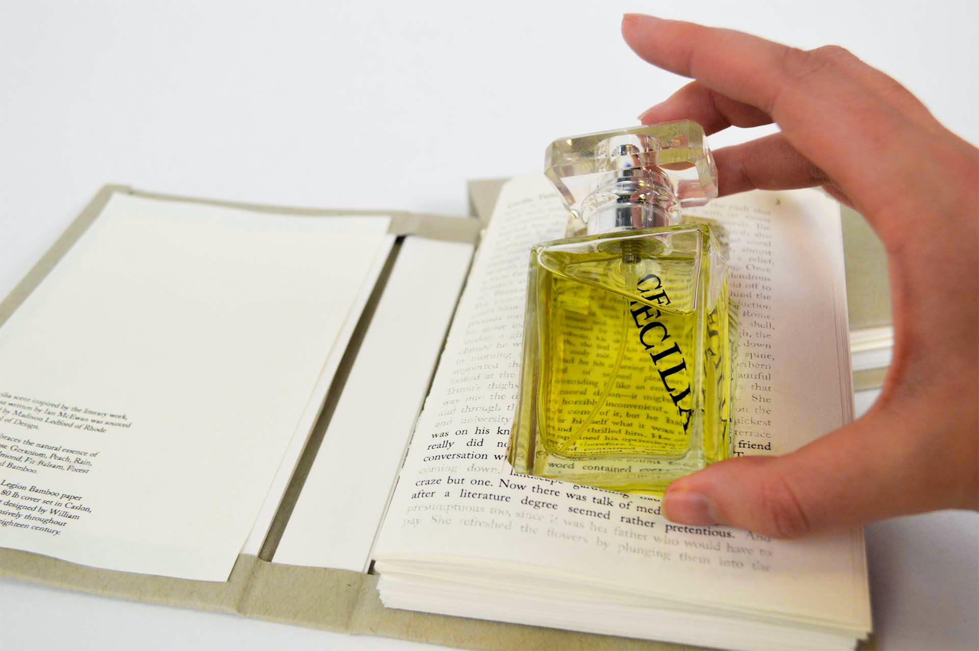 Package design for handcrafted perfume with scents made from essential oils, embodying the spirit of the main characters from Ian McEwan’s "Atonement" novel