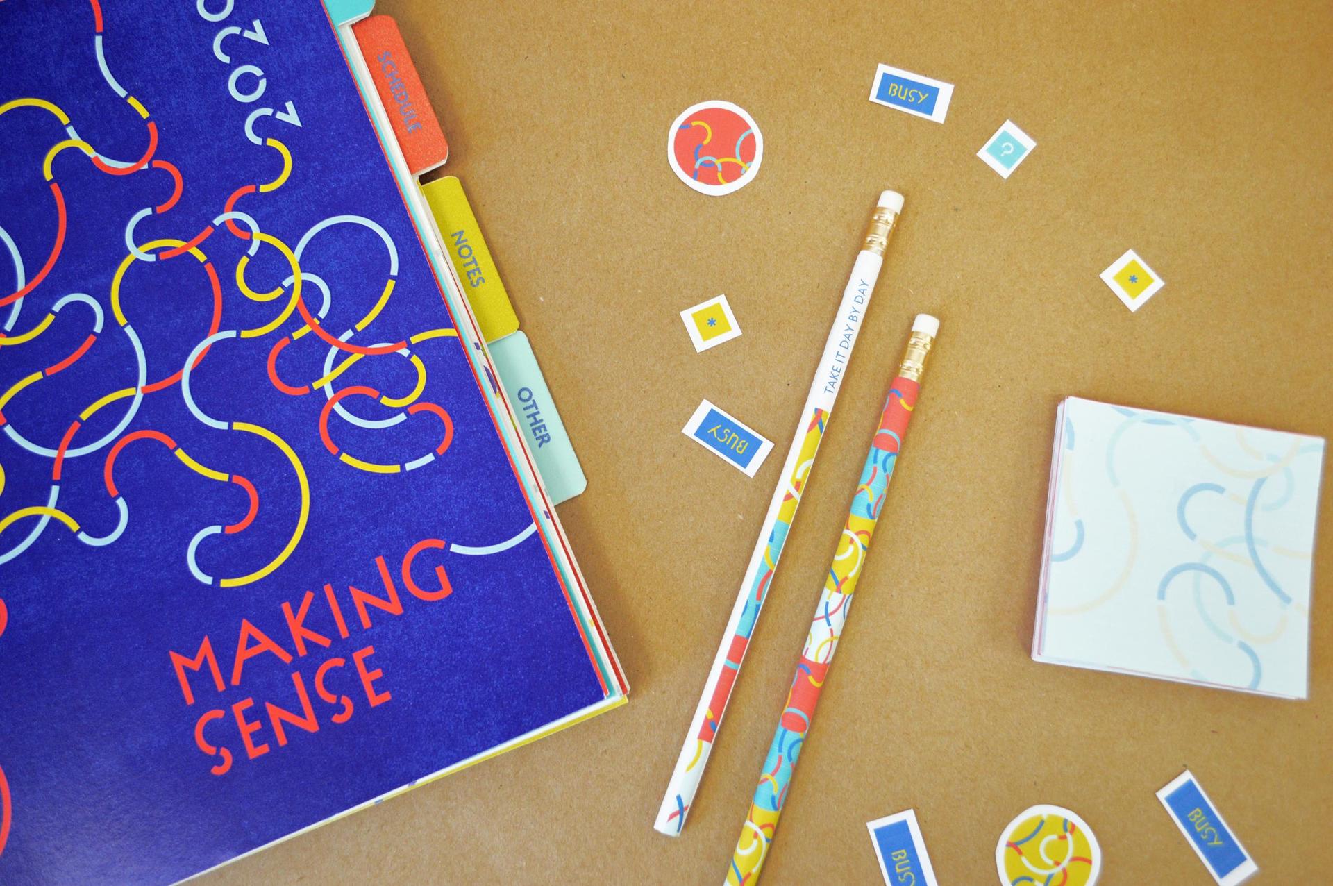 Branded planner, pencils and stickers for the 'Making Sense' planner kit