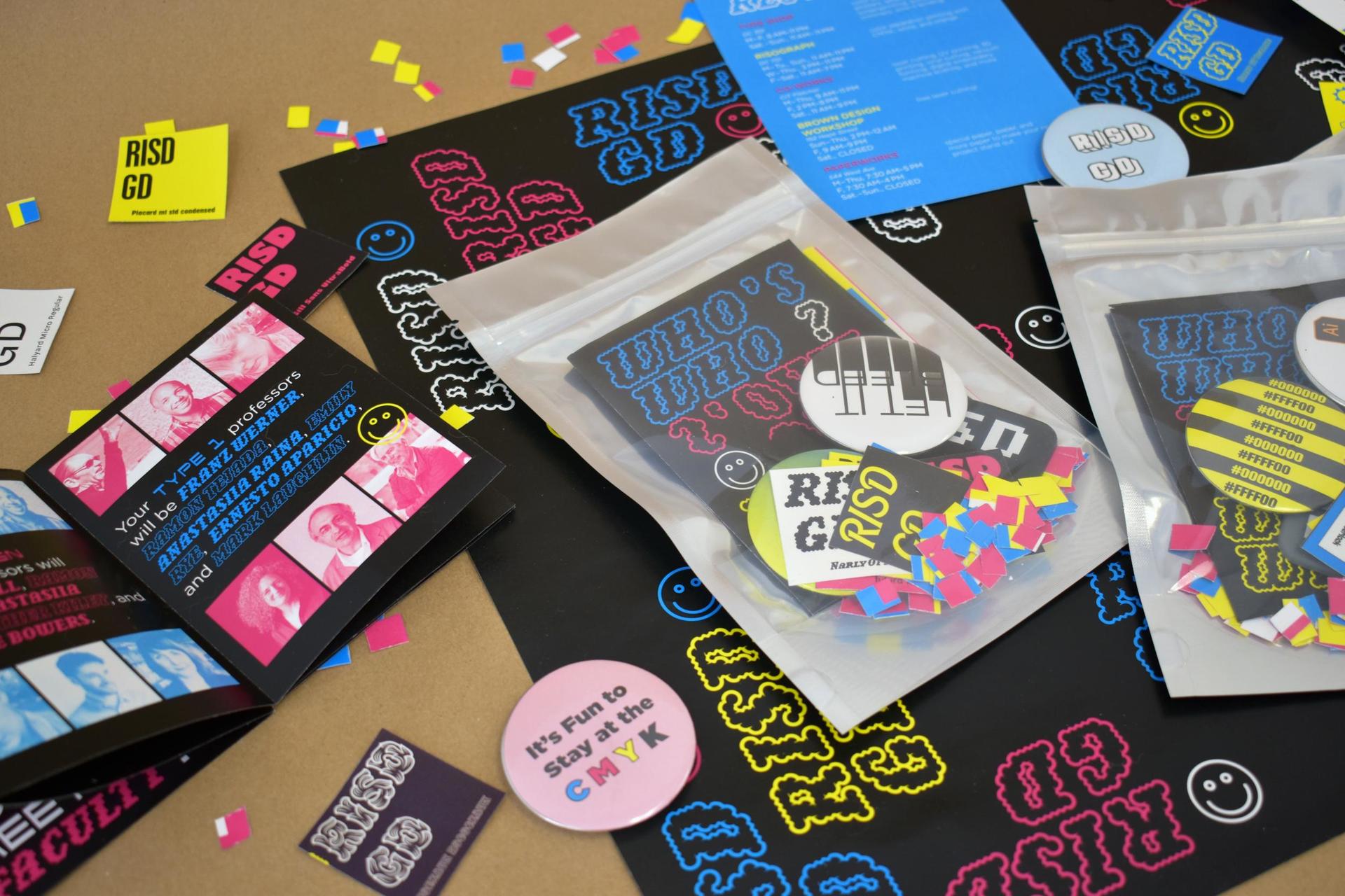 Printed 'RISD GD' buttons, paper and stickers