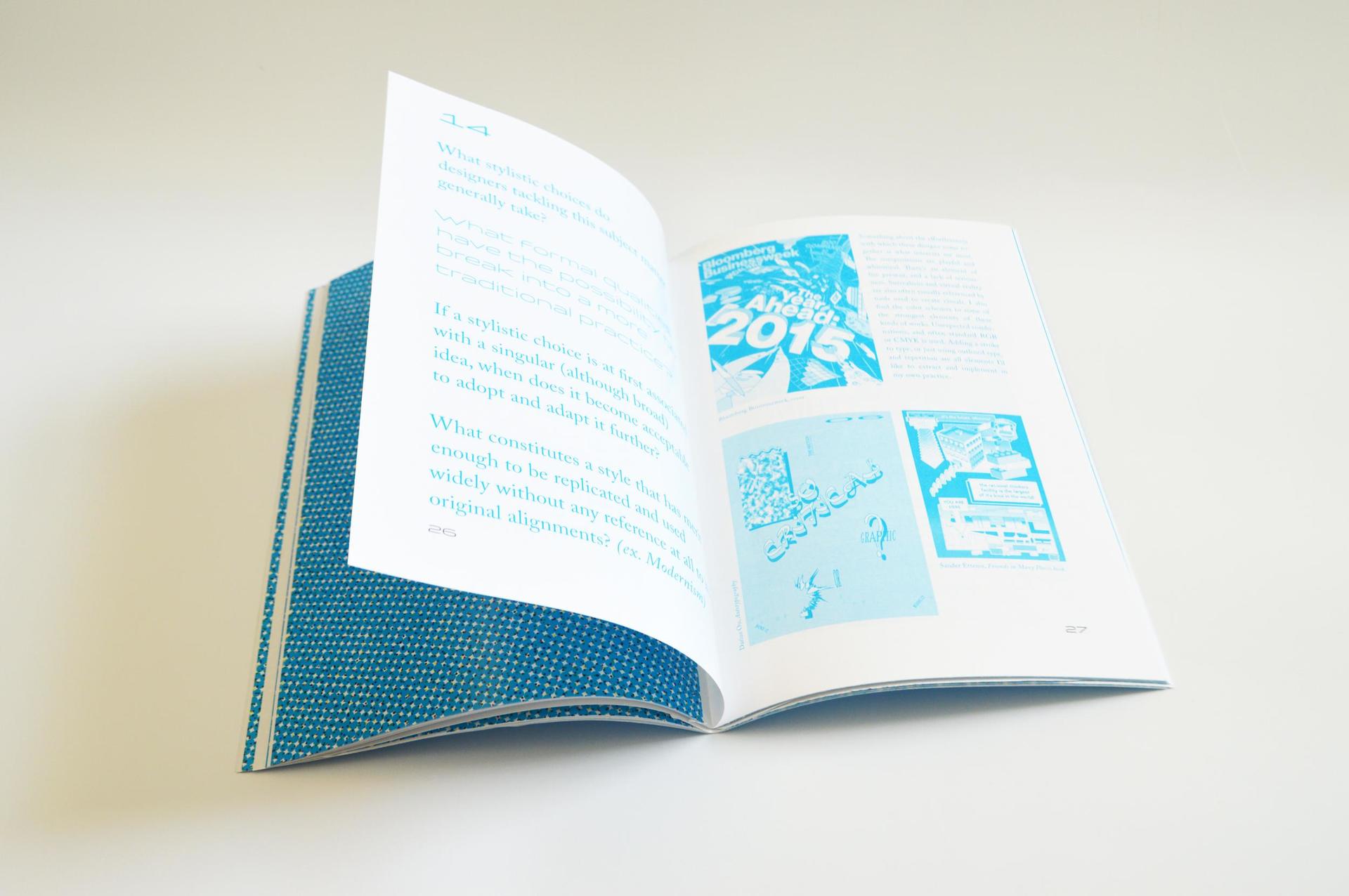 Open book spread with blue text and image on white