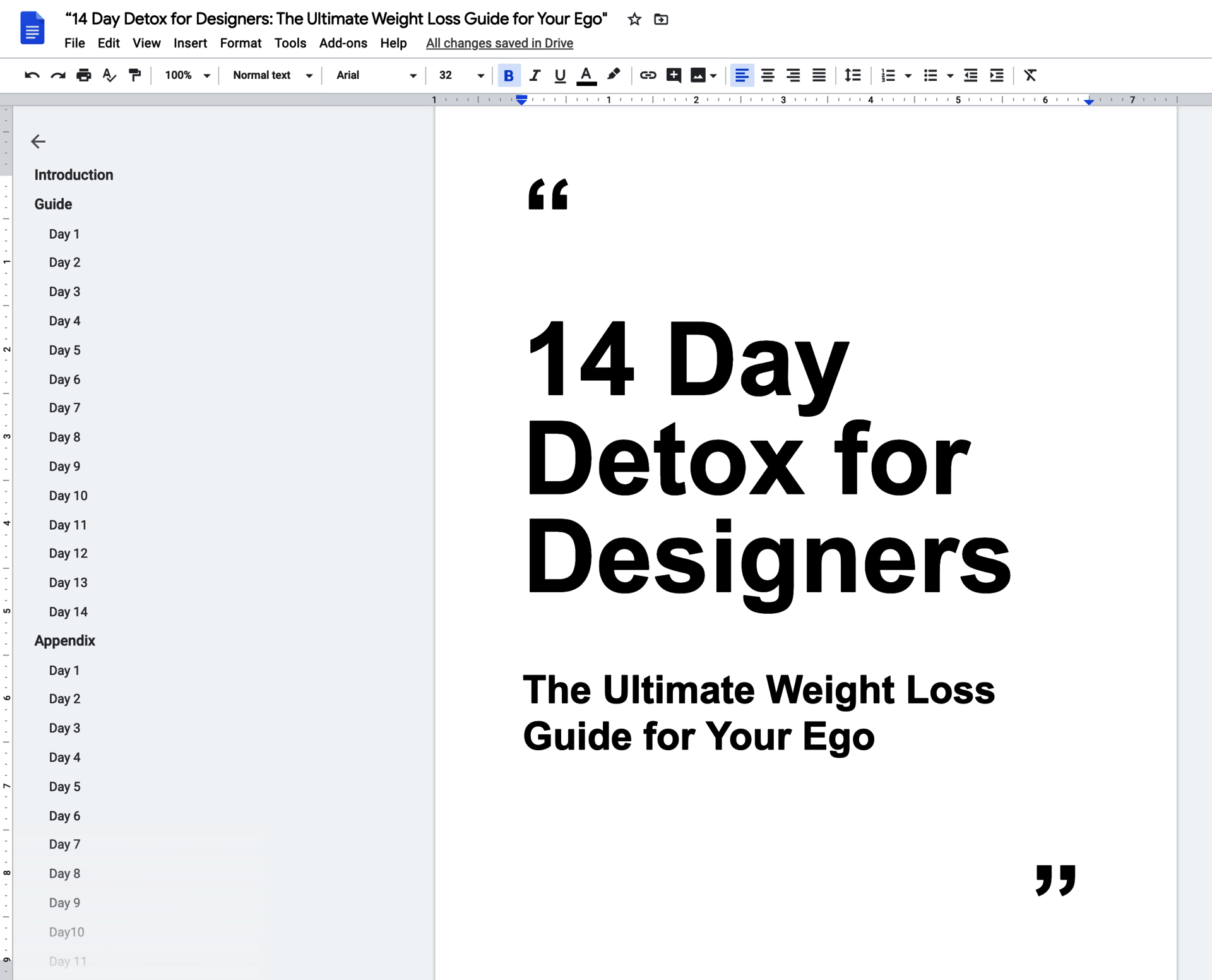 A Google Doc project entitled '14 Day Detox for Designers: The Ultimate Weight Loss Guide for Your Ego'