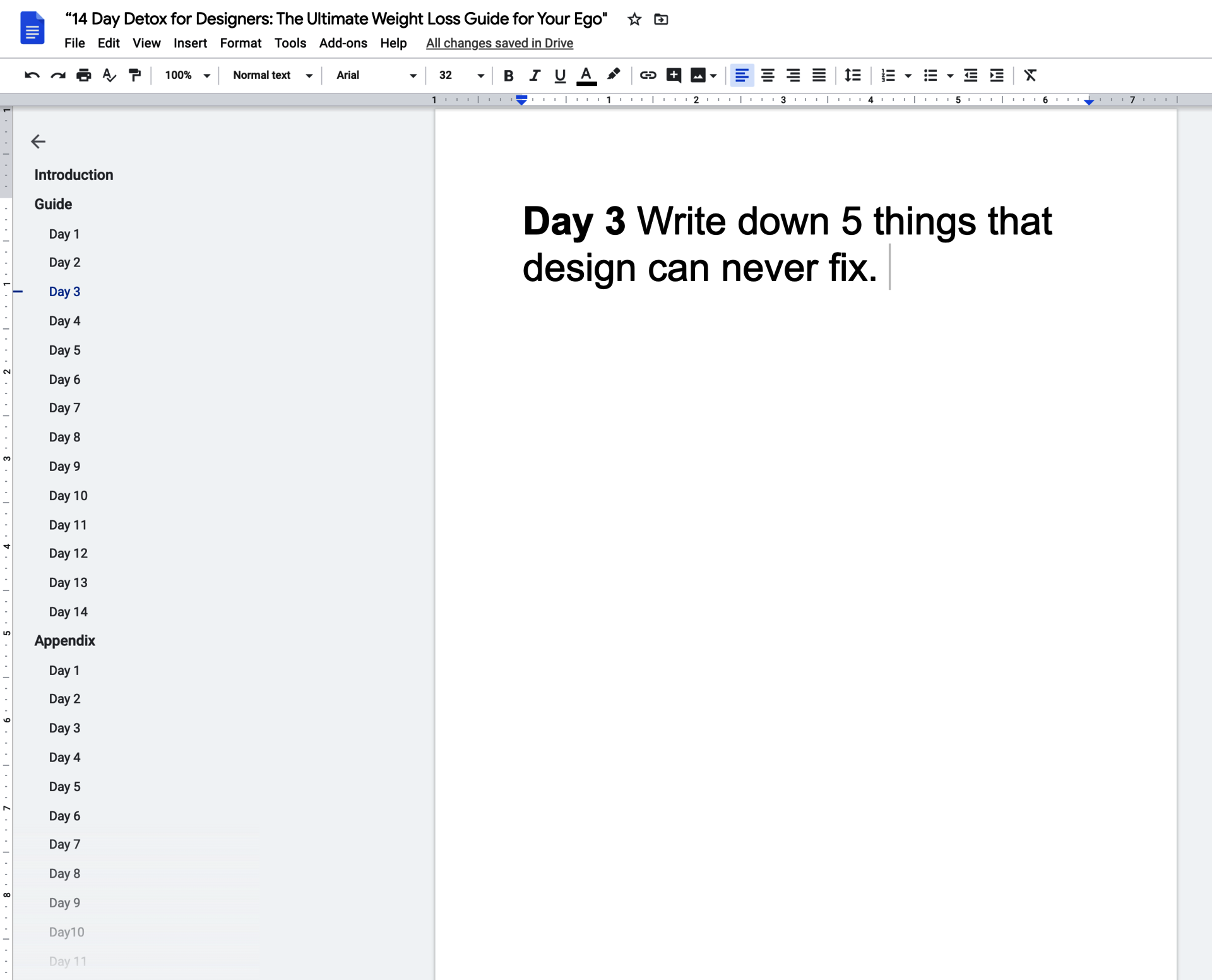 A Google Doc project entitled '14 Day Detox for Designers: The Ultimate Weight Loss Guide for Your Ego'