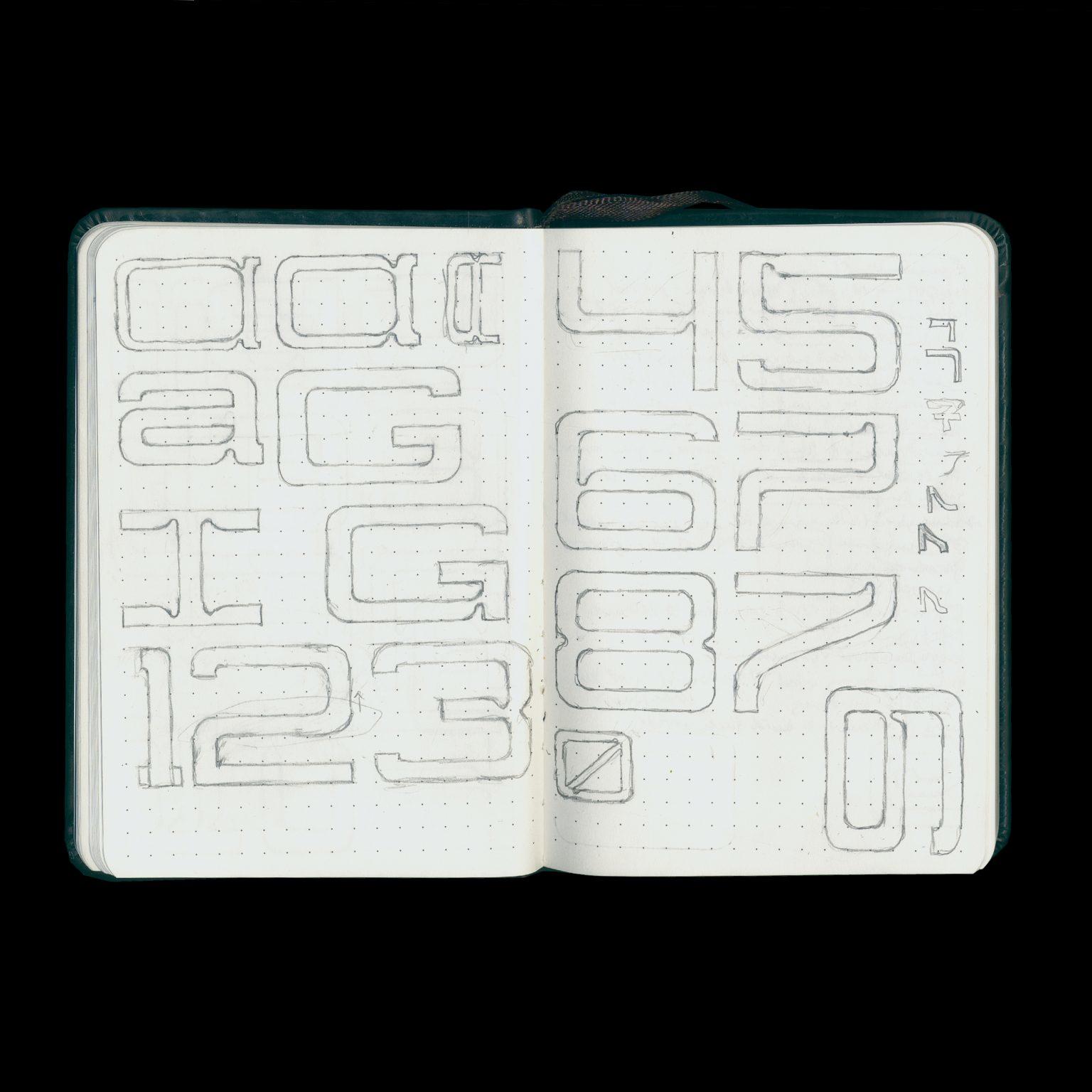 Open sketchbook with sketches of the typeface 'Junction'