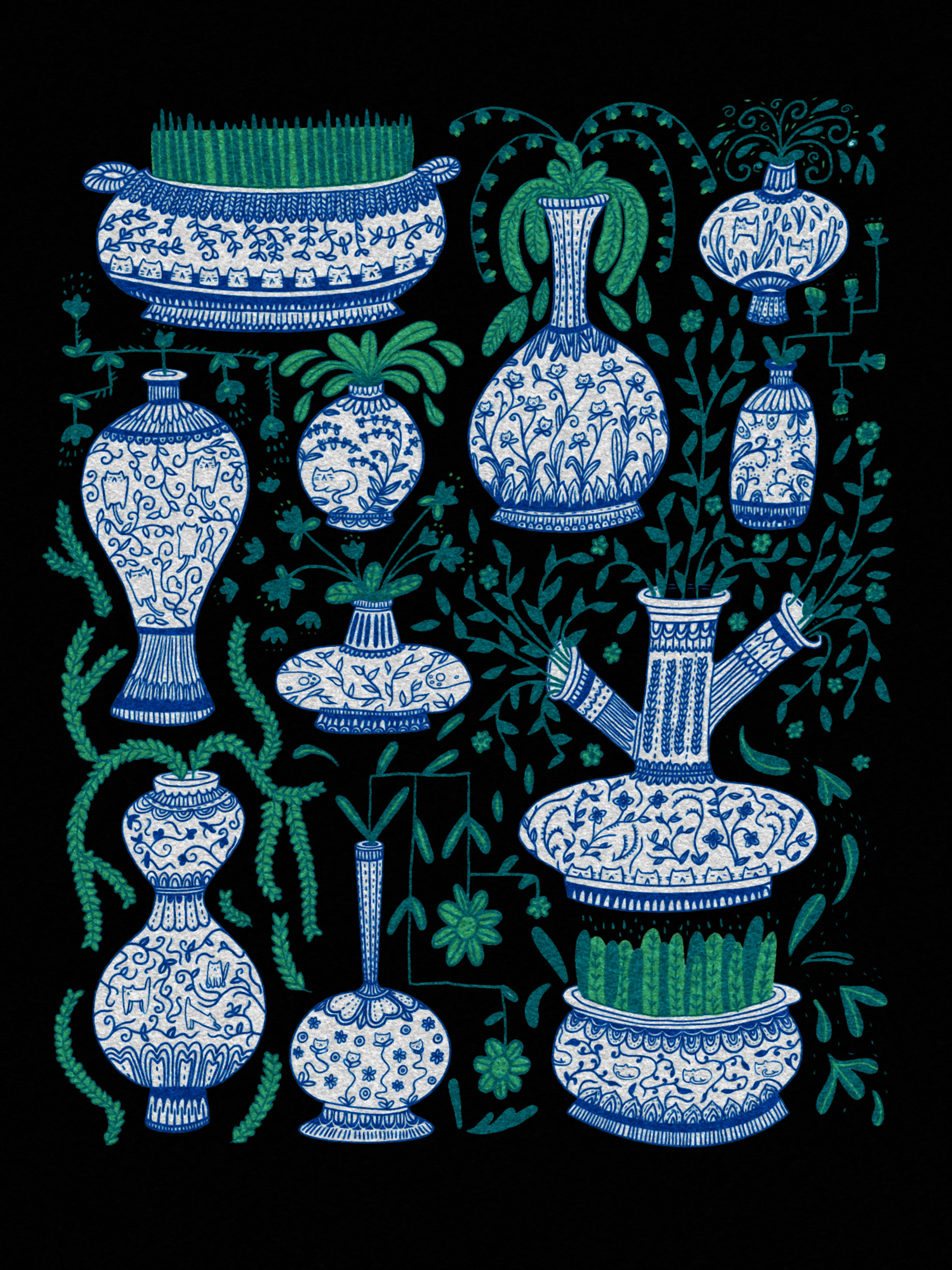 a collection of houseplants in white pots with blue patterns