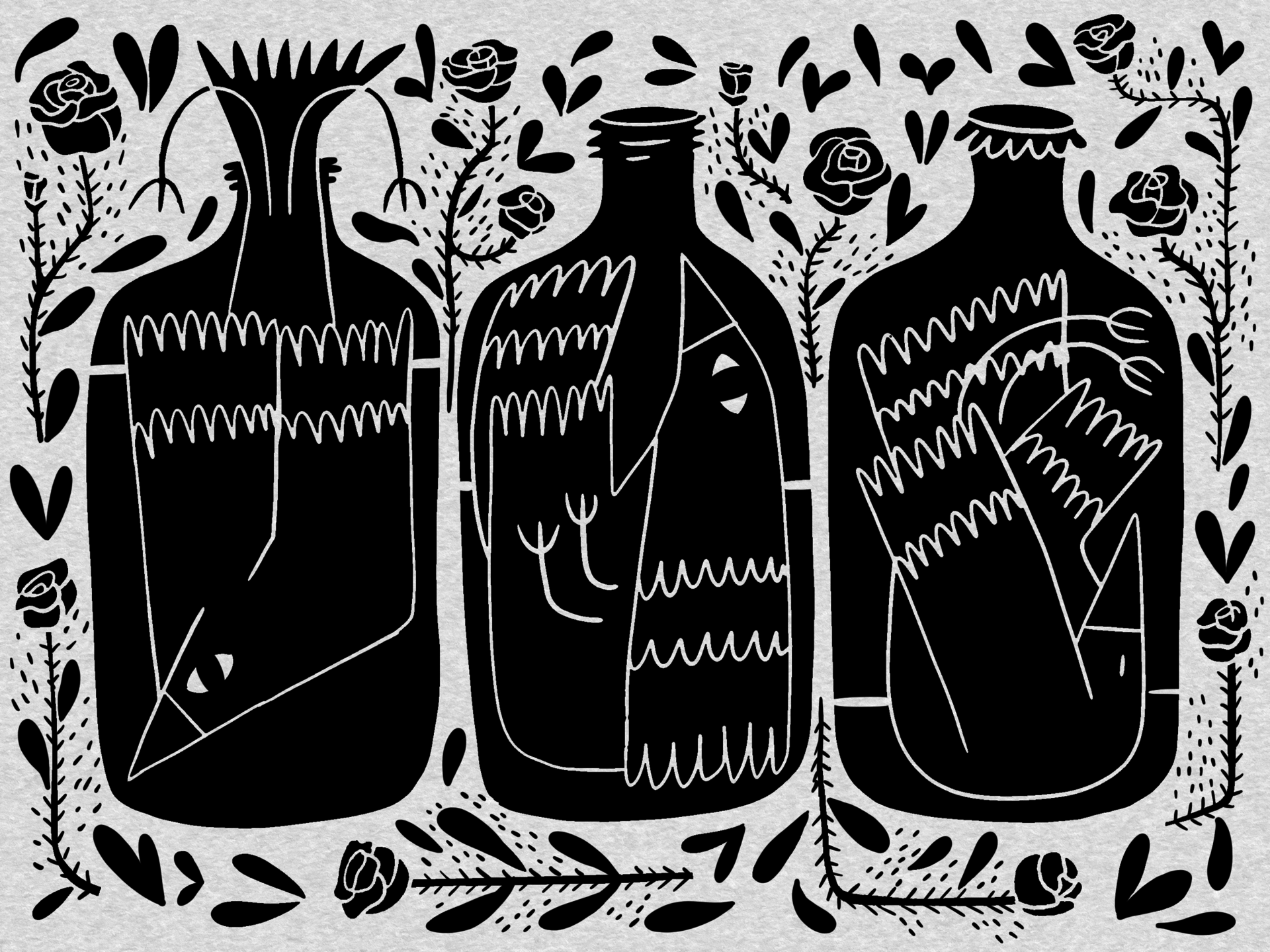 three black ravens inside three bottles