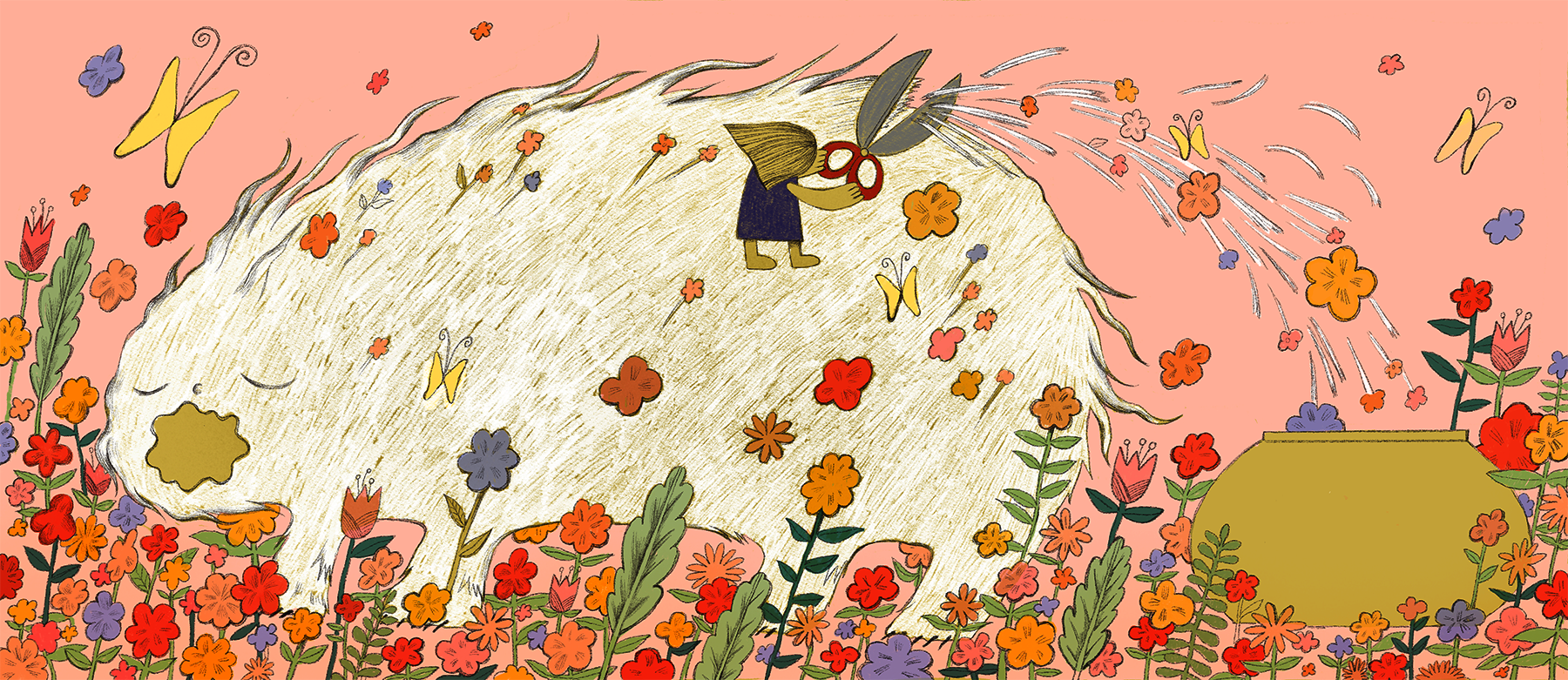 a bed of flowers, a girl snipping her fluffy pet's hair