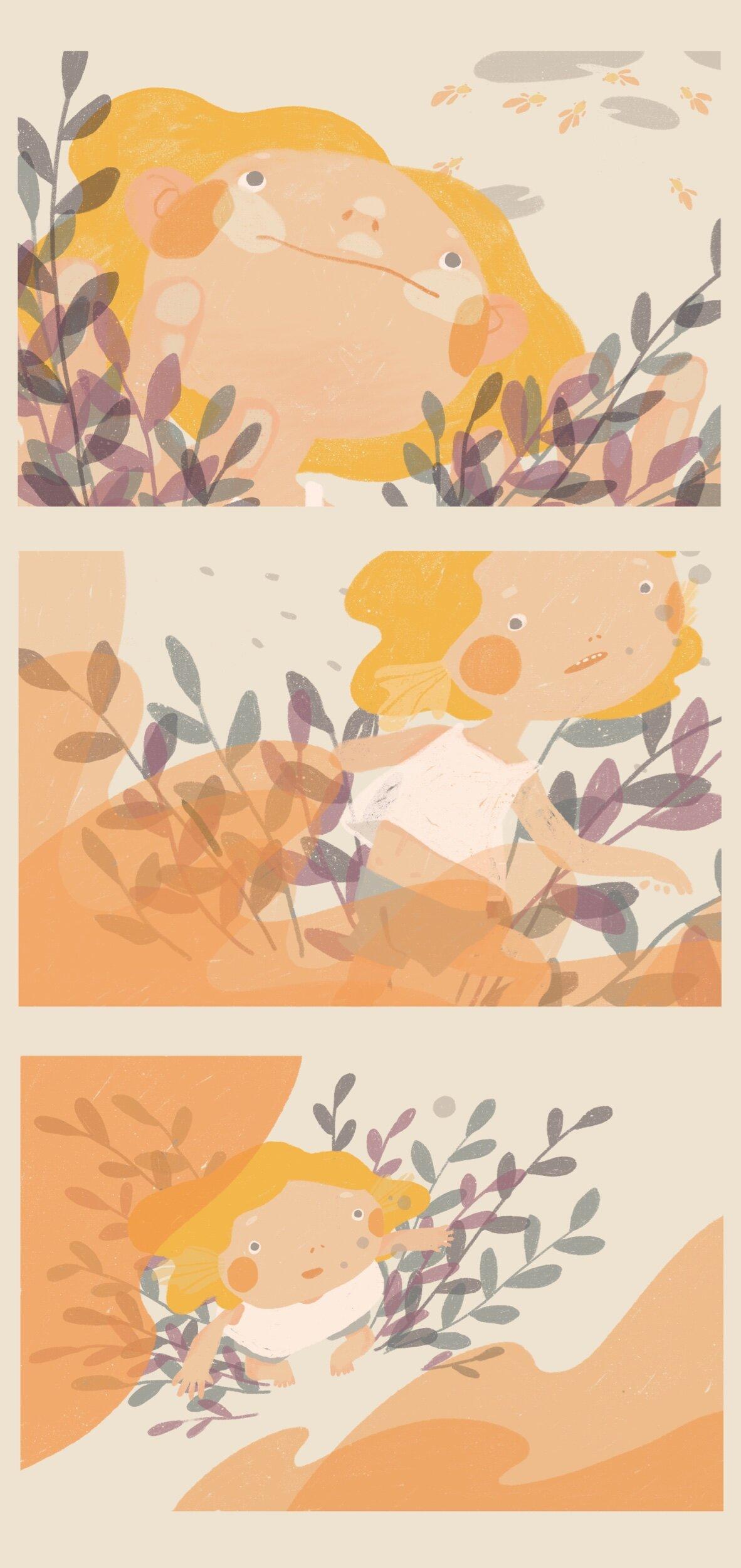 sequence of a girl looking at goldfish
