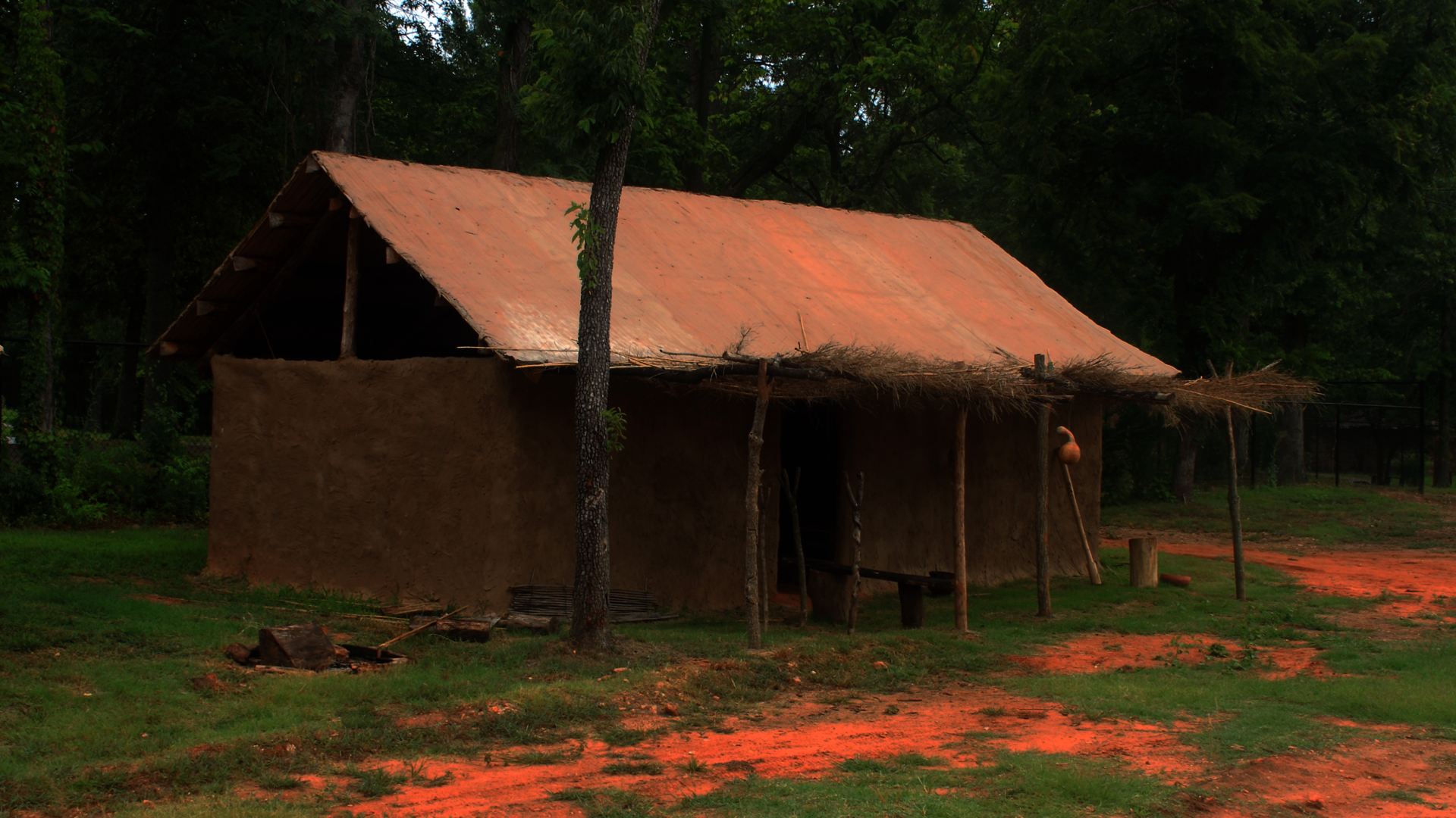 This is an example of a Late-Historic Indian Cherokee wattle and daub Summer House, built at a museum in Oklahoma.