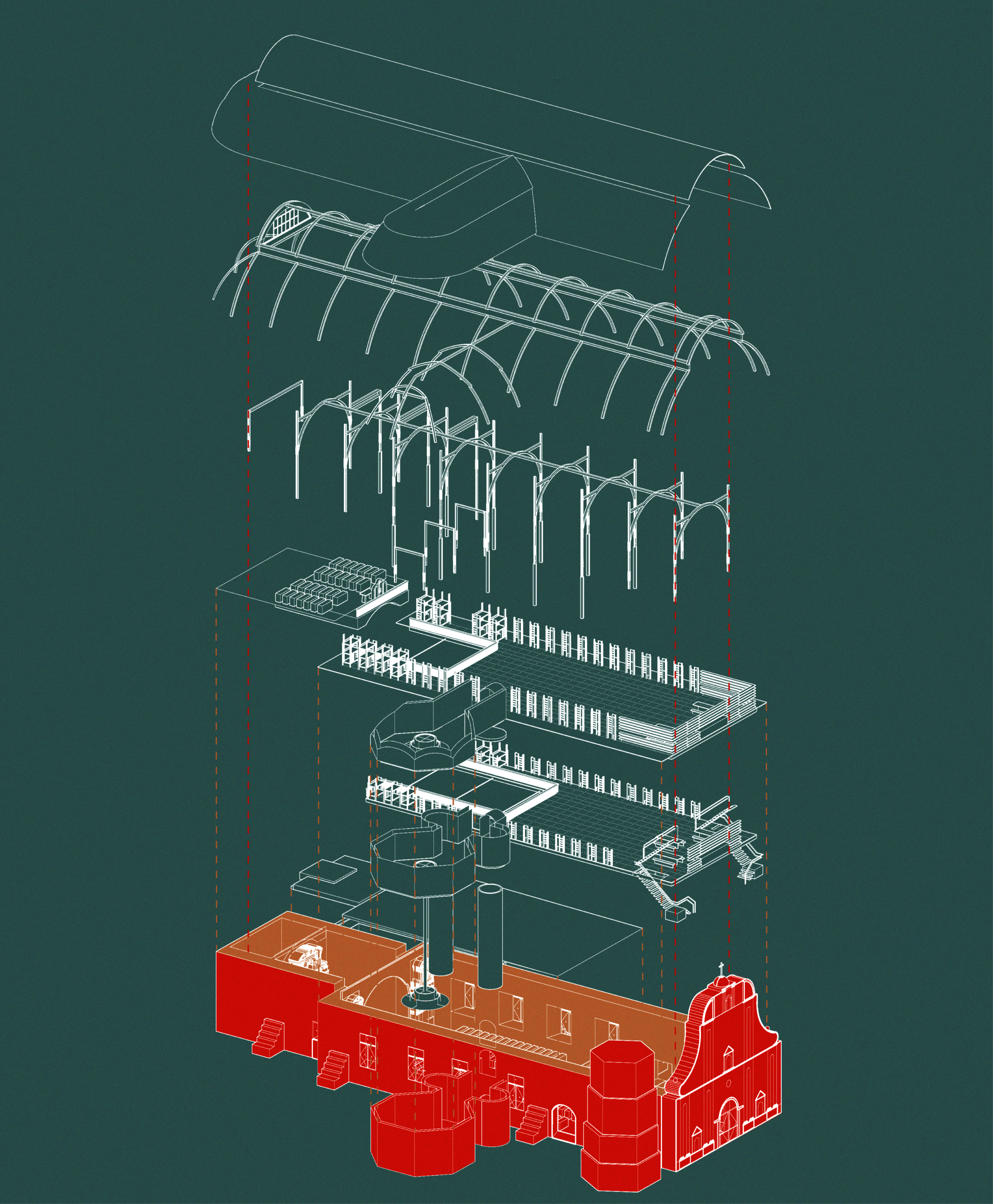 Exploded axonometric view of existing building and intervention components