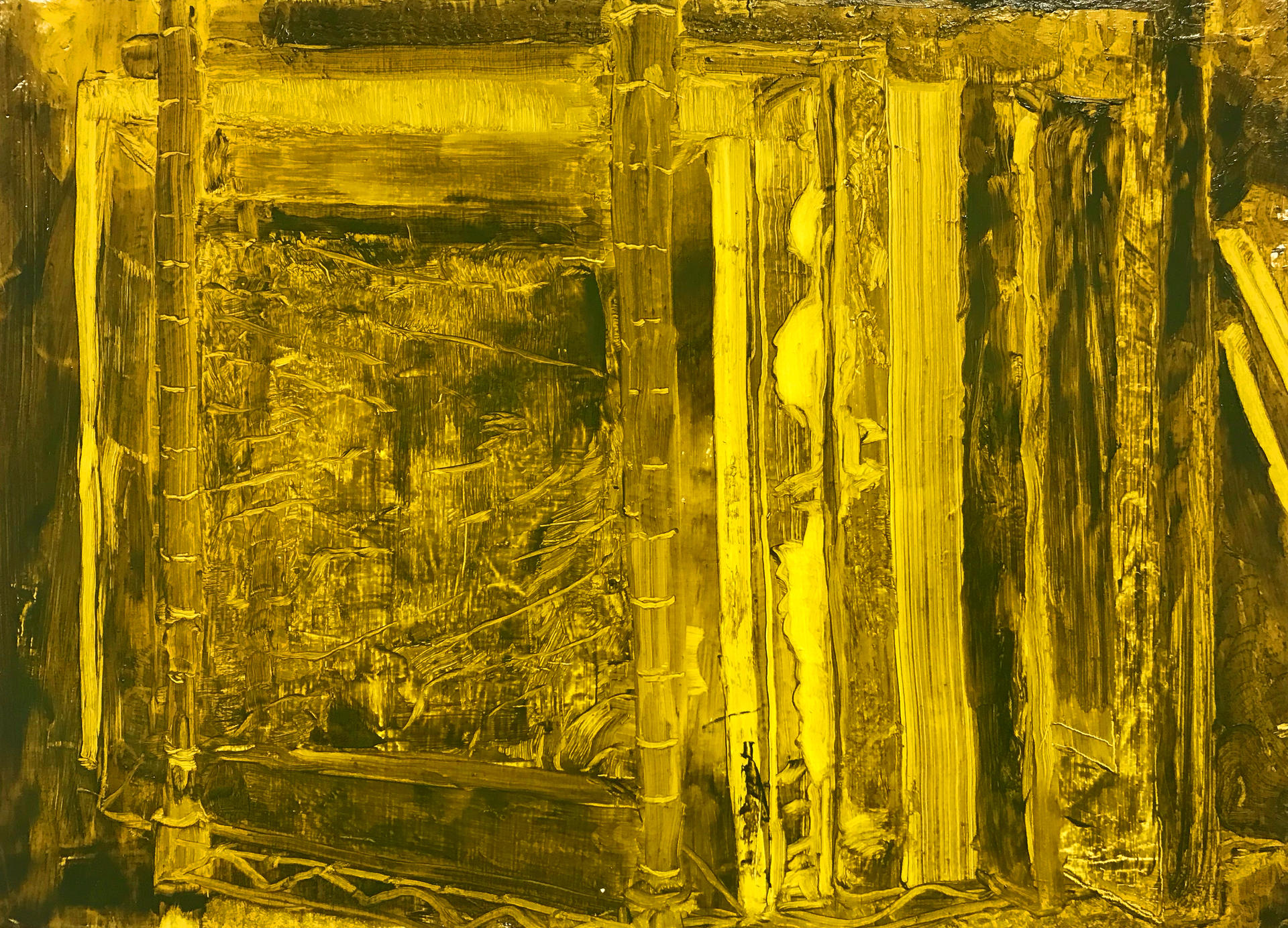 yellow-green monochromatic painting of paintings on a shelf