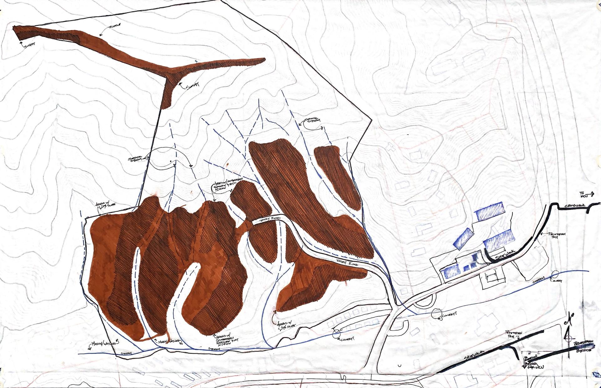 Consistent with Cherokee siting techniques, ground with southeast sun exposure determined locations for building.  Current technology allows building on topography up to 20% slope.