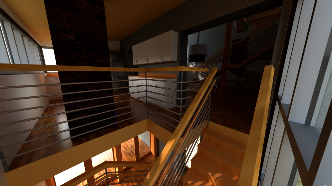 Perspective rendering near the top of the entry stair, by the kitchen