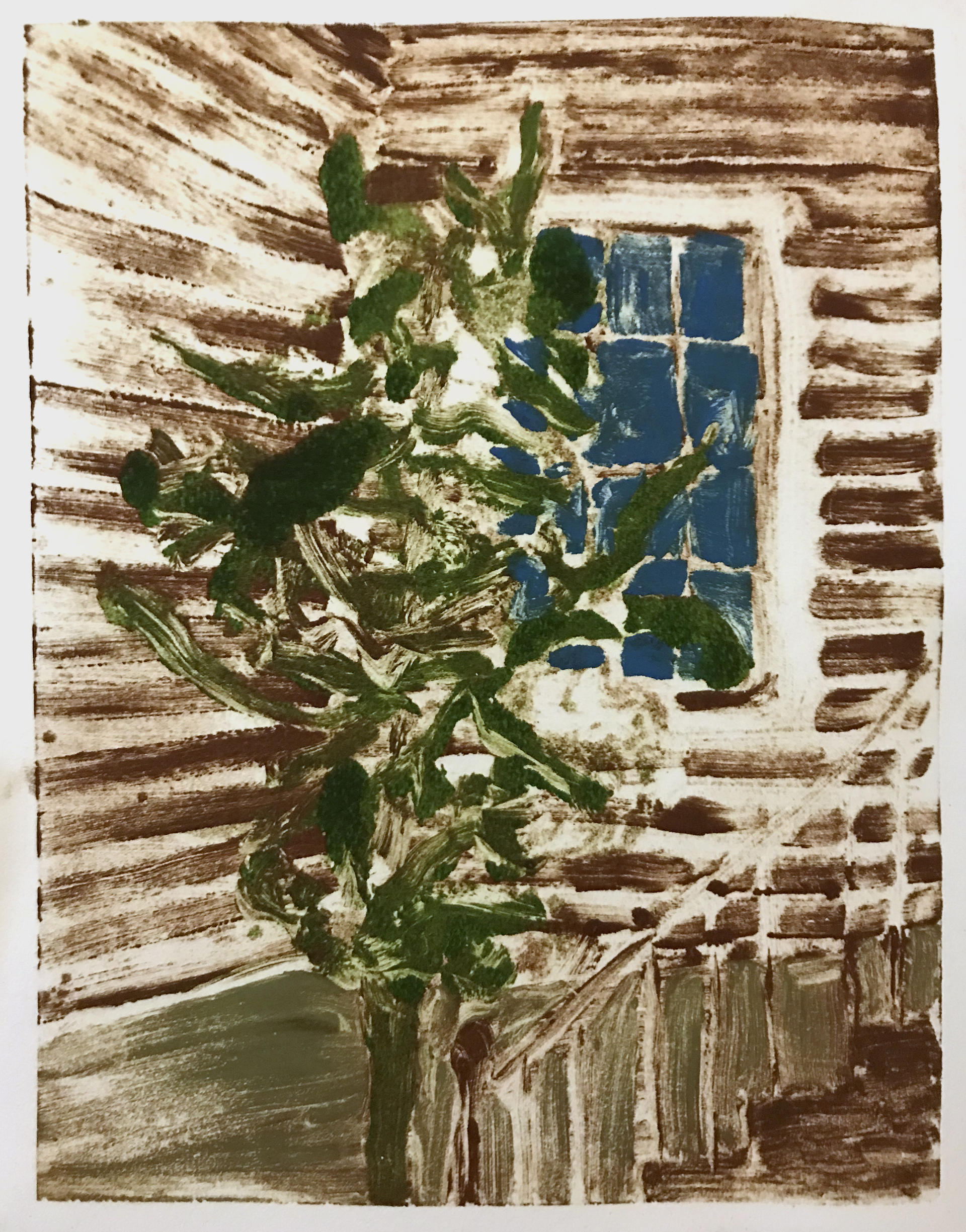 small print of a backyard with a tree, a window, and porch stairs