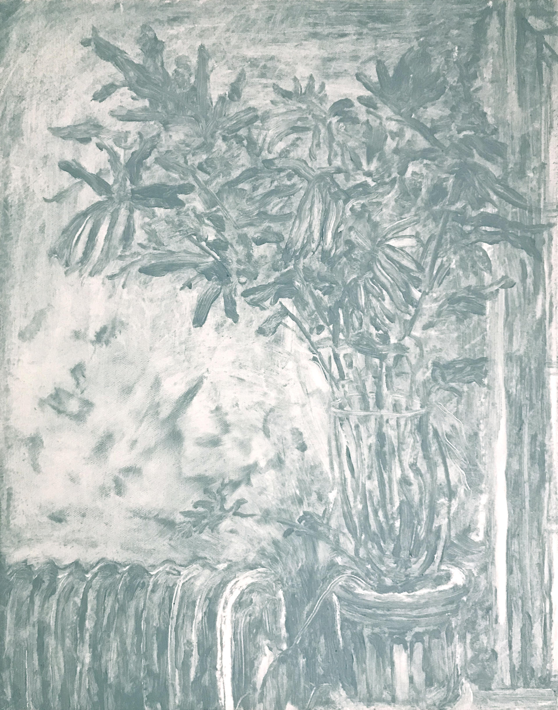 a monochromatic painting of a philodendron plant