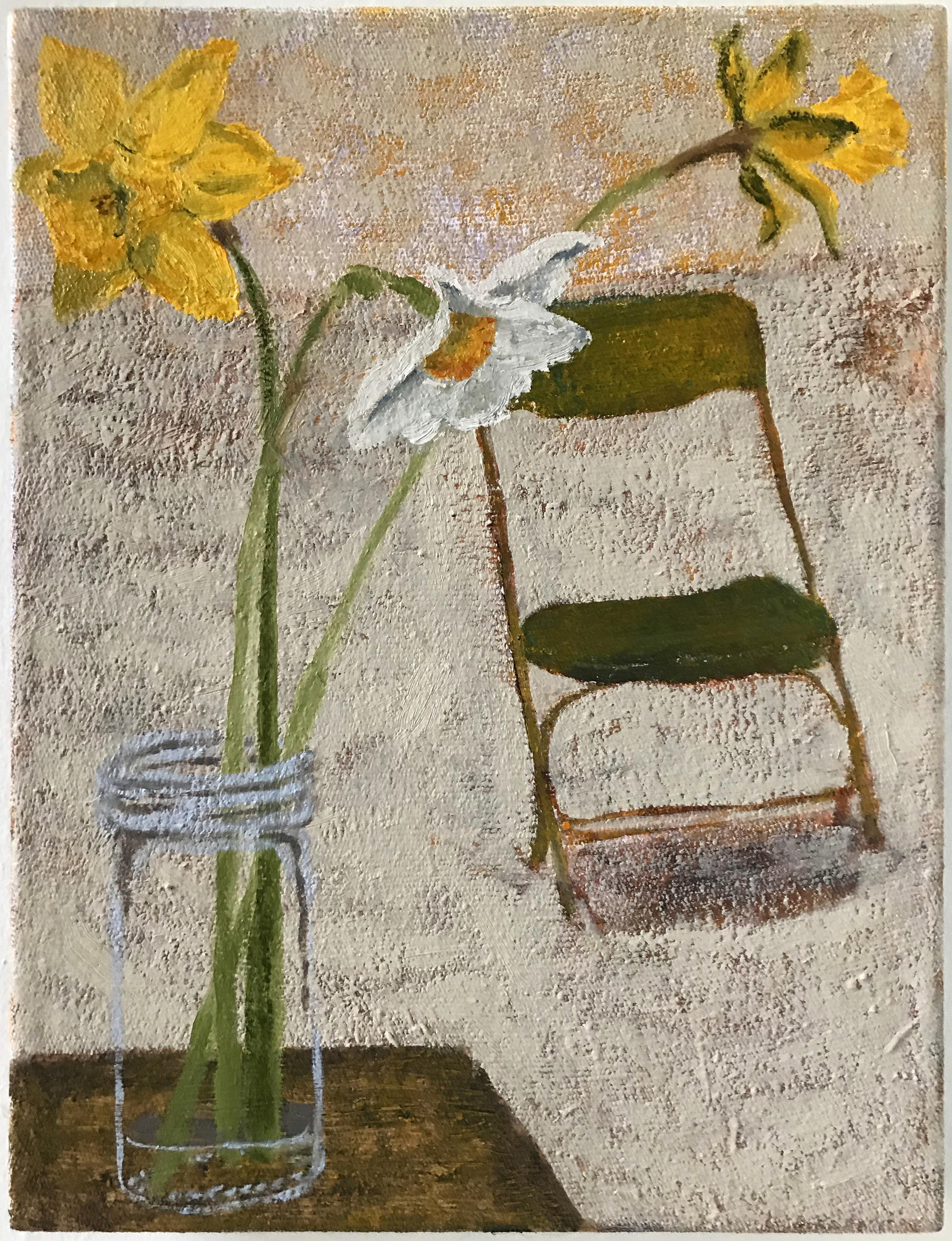 painting of three flowers in a jar and a folding chair