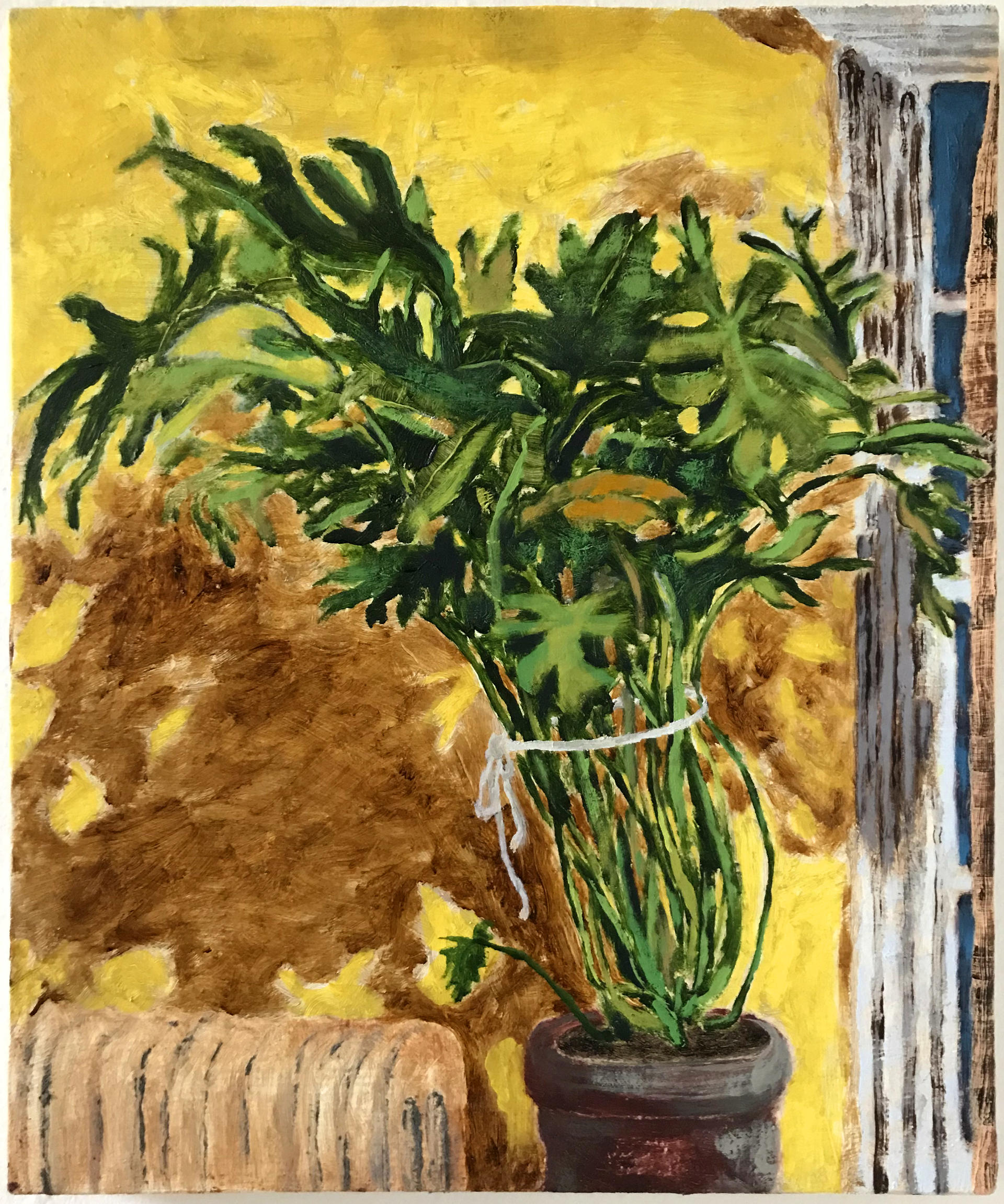 painting of a large green philodendron with a yellow background