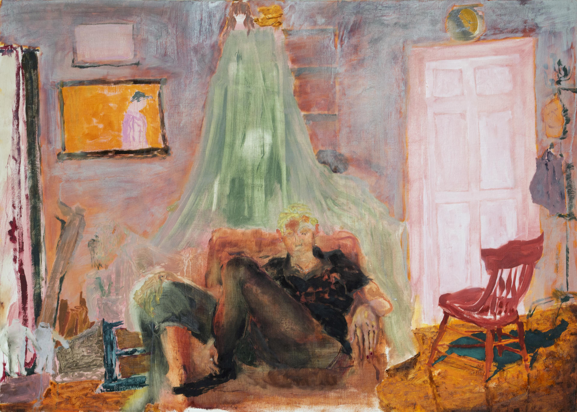 a person seated in a large living room, drenched in light