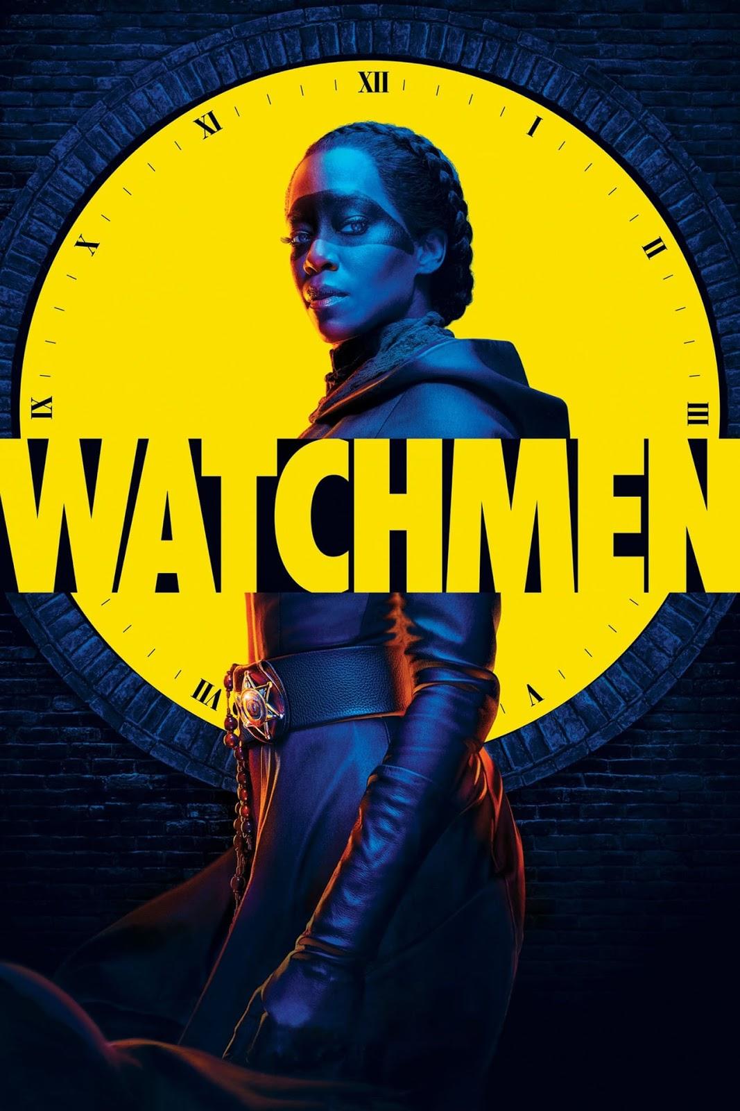 Poster for Watchmen; A Black woman superhero, lit in blue and red, stands in front of a large yellow clock