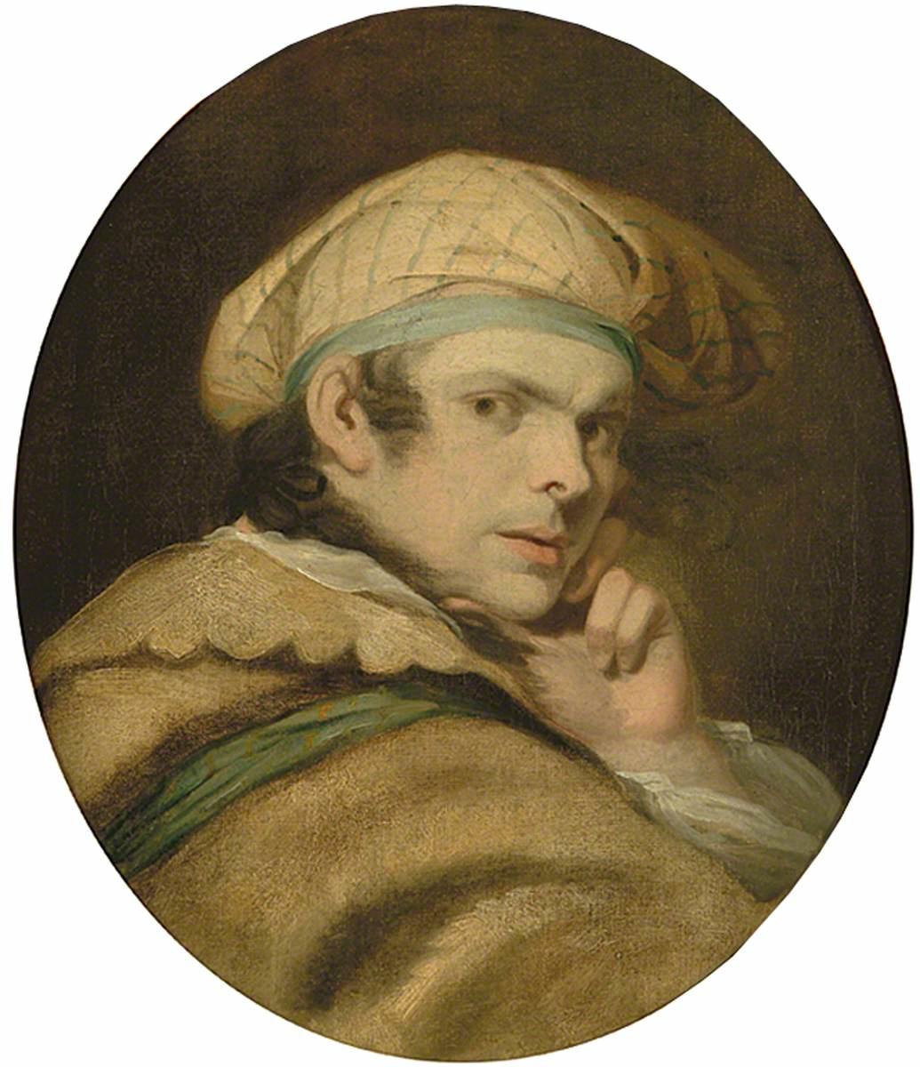 Oval-shaped, bust-length oil portrait of a man. Seen from behind, the man grips his chin as he stares intently over his shoulder at us with brow lightly furrowed.