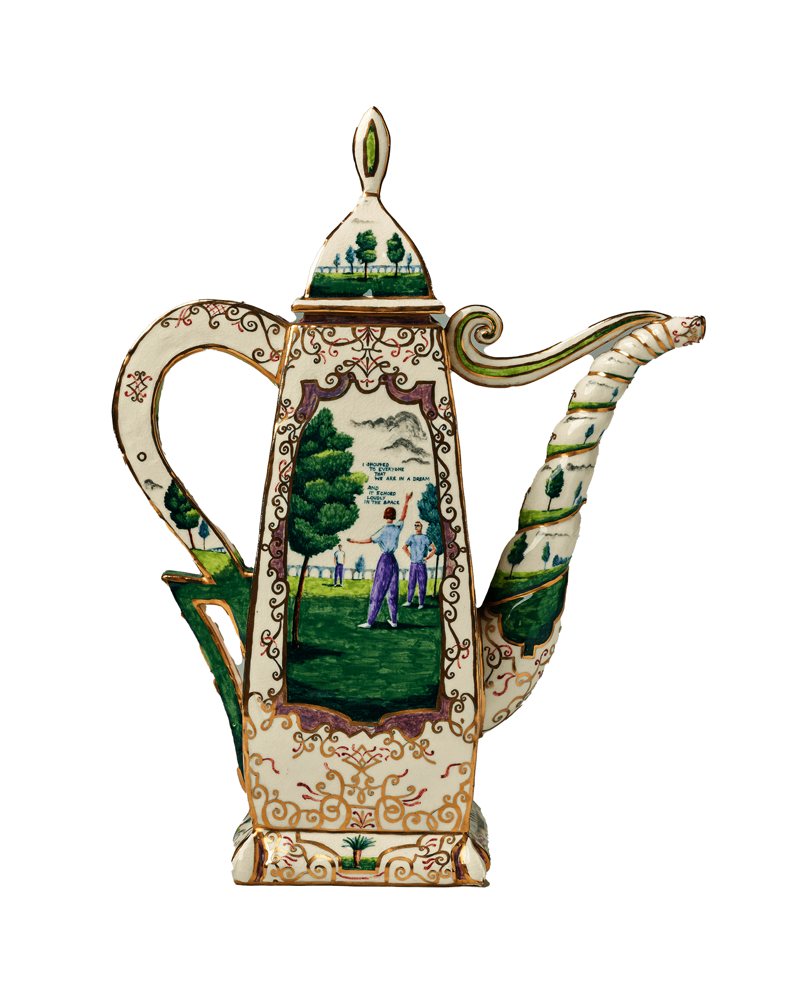 Ceramic coffee pot with a spindled spout and ornate scroll decorations framing an illustration of a woman waving to two men in a park