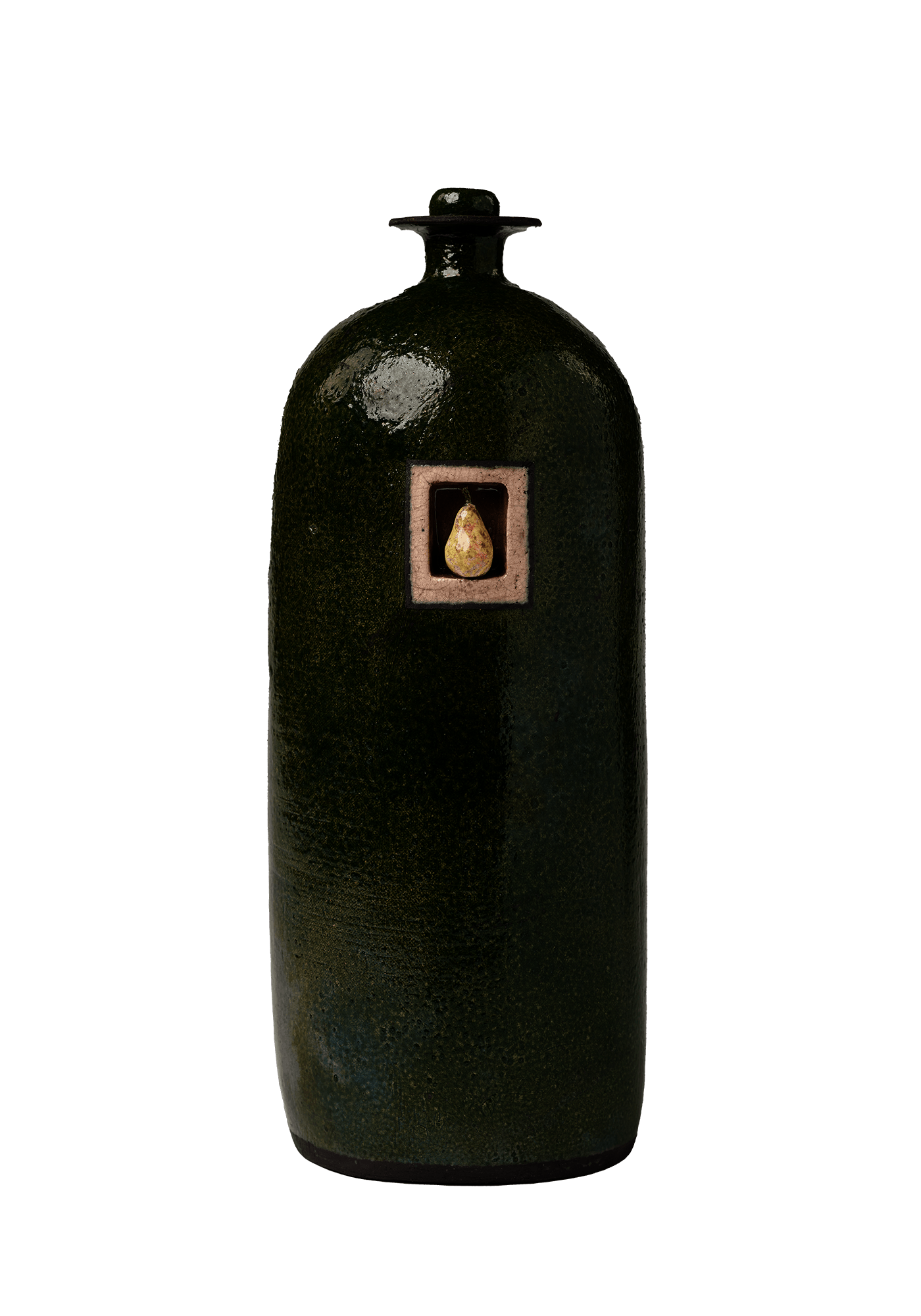 Dark green earthenware bottle with a small square framing a pear on the side