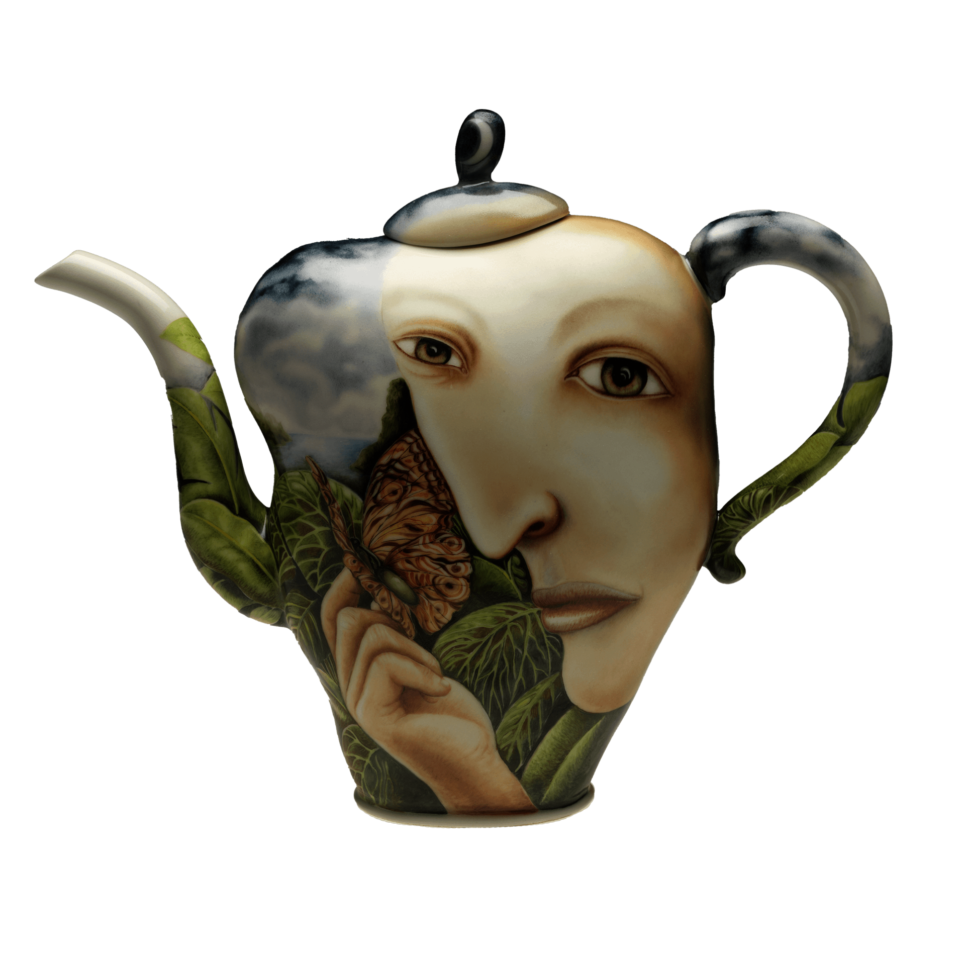 Porcelain teapot with a cubist-style painting of a person holding a butterfly decorating the exterior