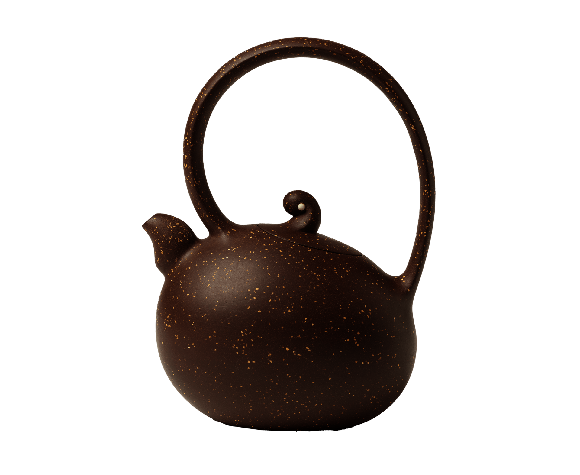 Round, brown stoneware tea pot with large hooped handle