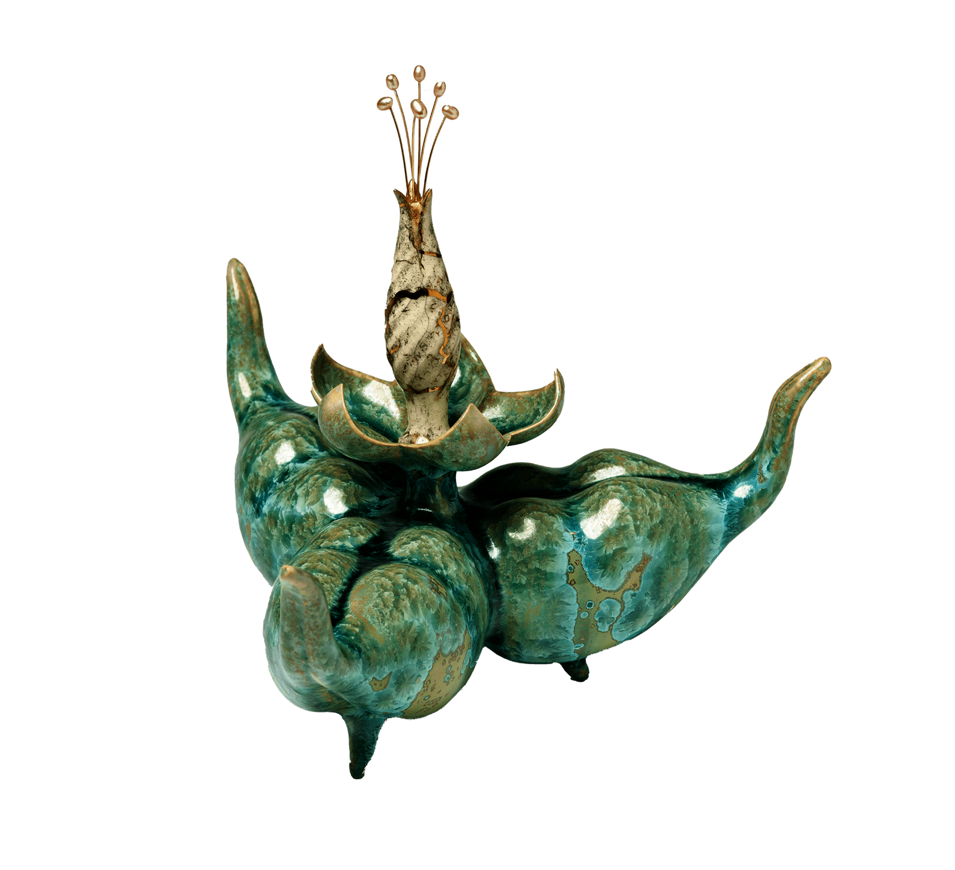 Porcelain bottle consisting of three large green lobes protruding from a flower that rises from the center
