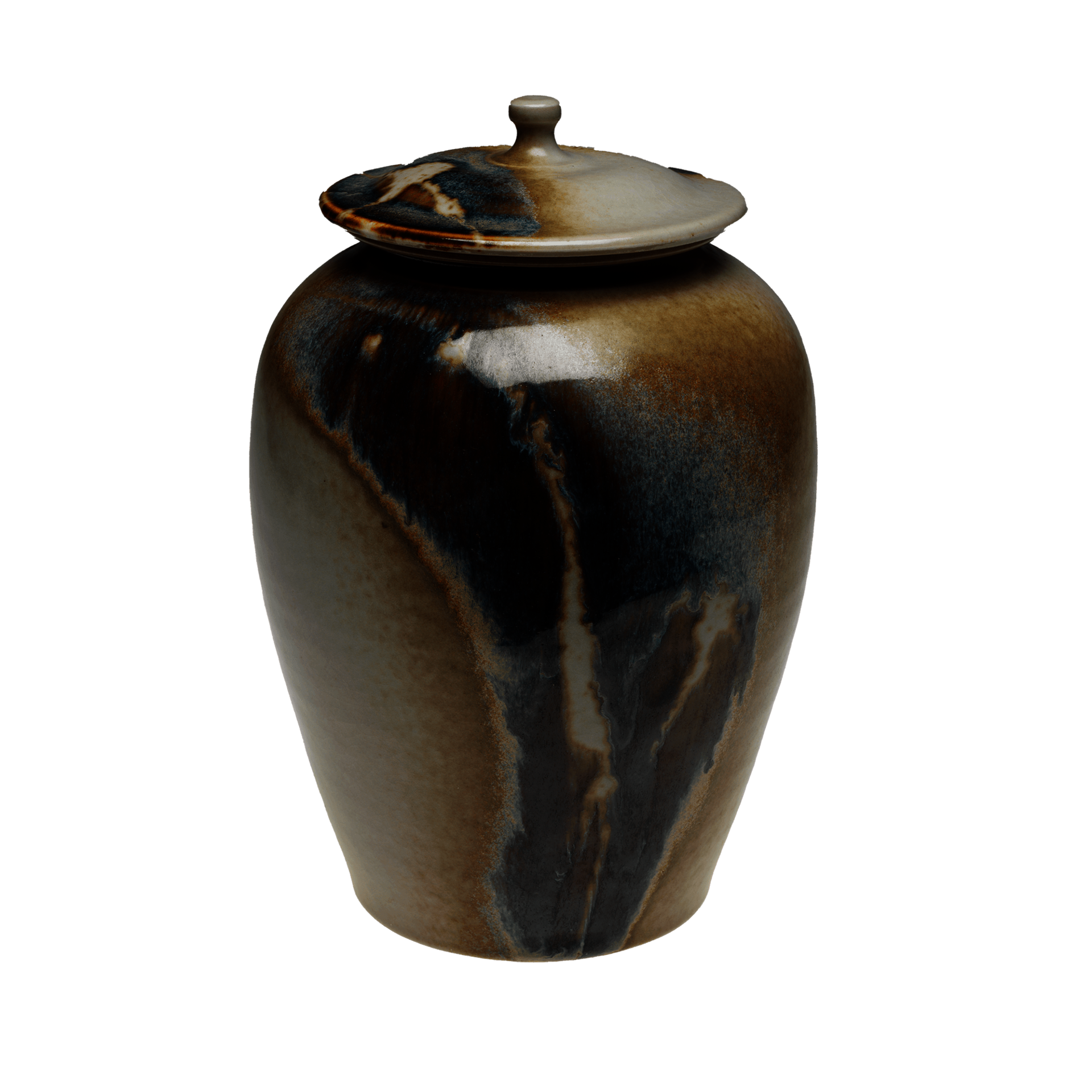 Porcelain jar featuring brown and dark blue streaked glaze and a lid with a small finial