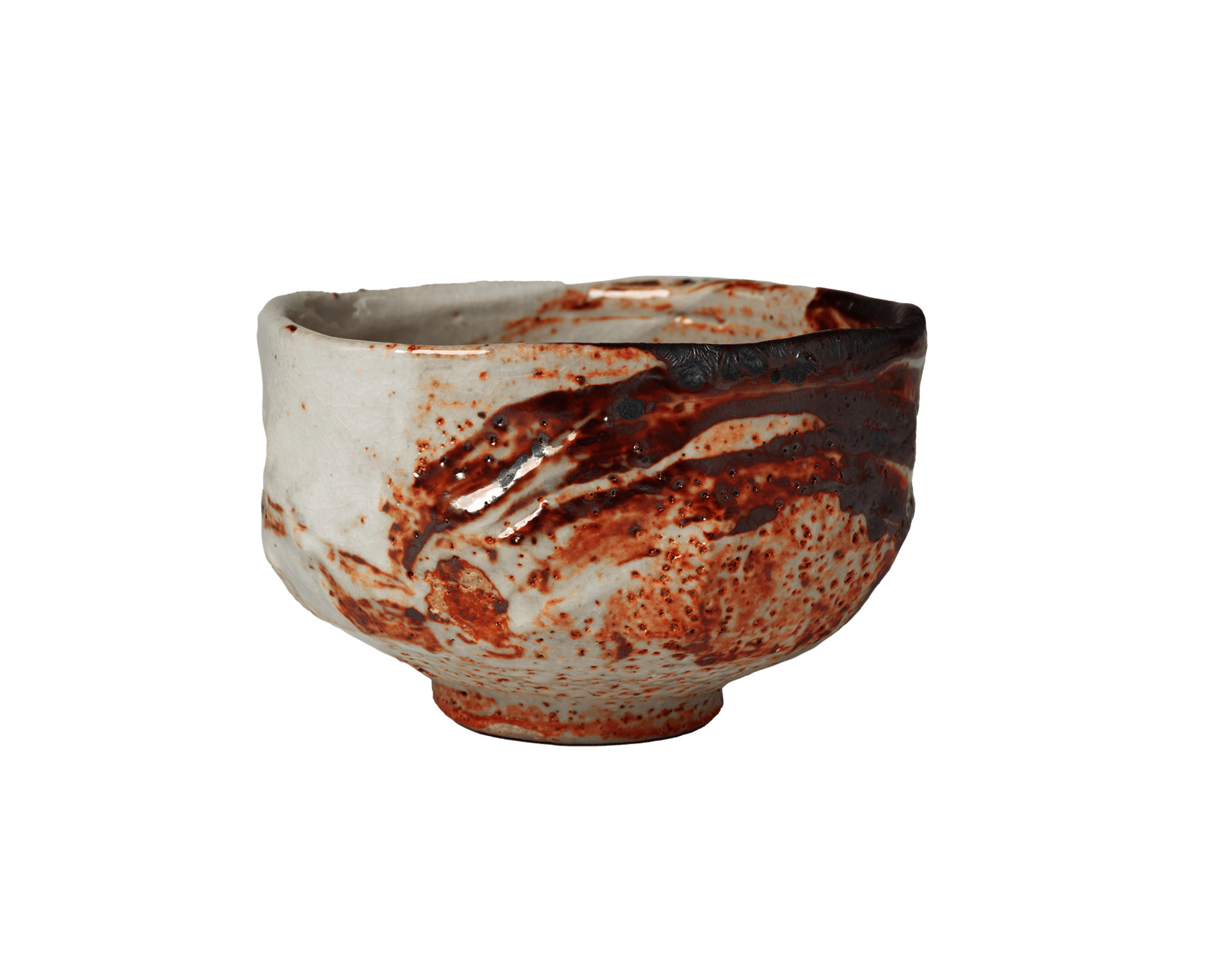 Ceramic tea bowl with white and dark red glaze