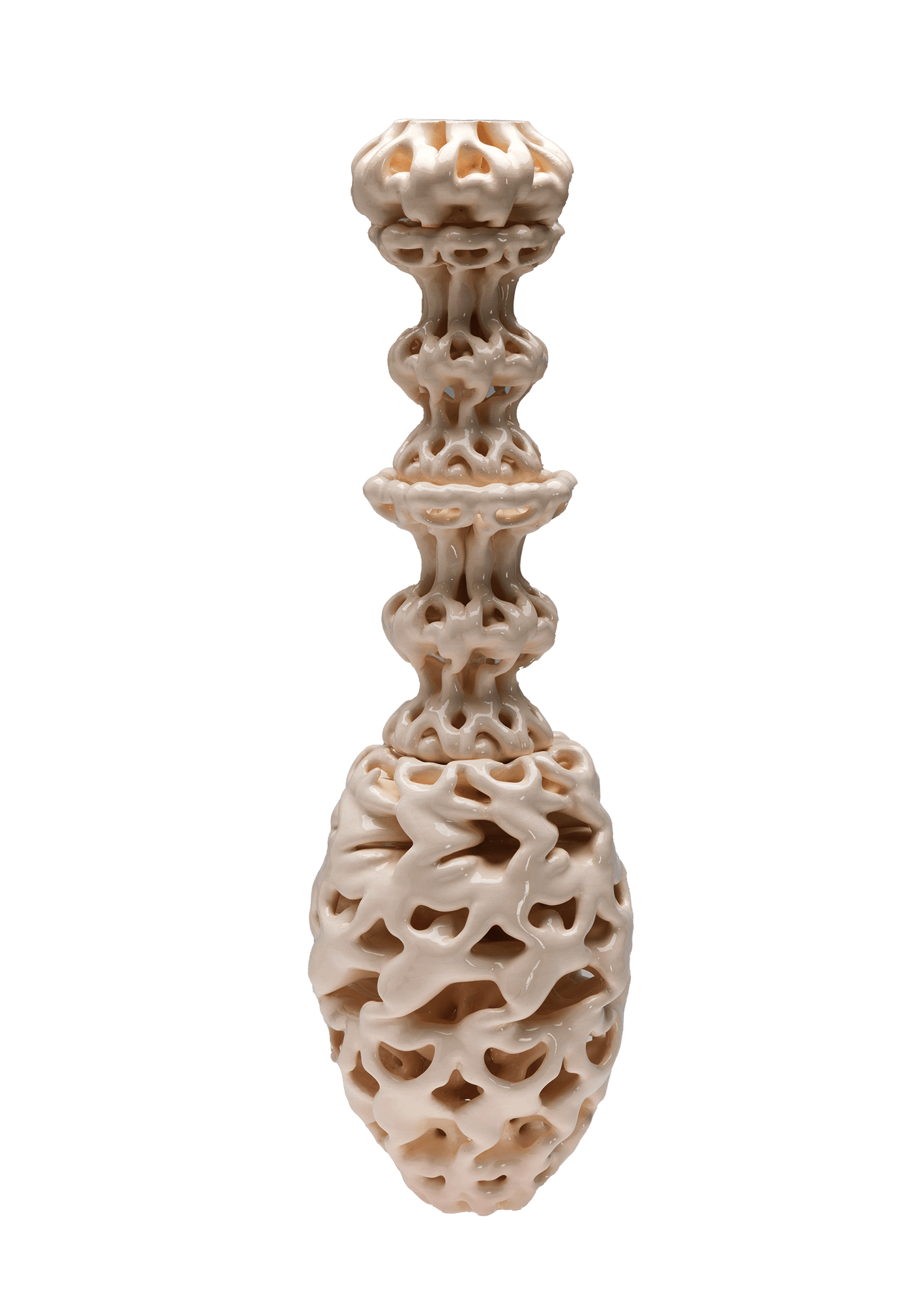 3D-printed ceramic vessel with a skeletal-like structure featuring an oval base connectd to a tall stem